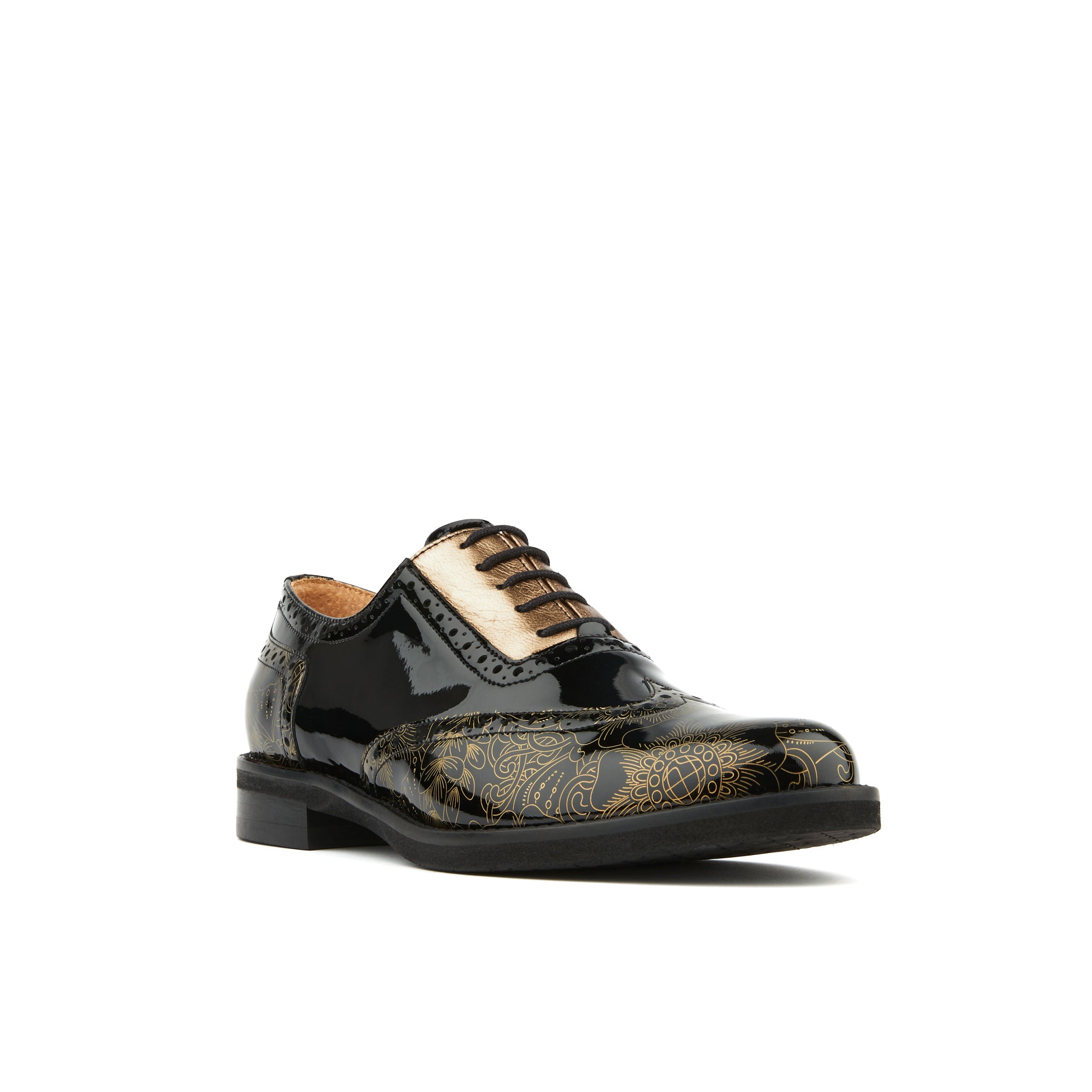 Vivienne - Gold Gloss - Women's oxfords with brogue detail in black gloss leather