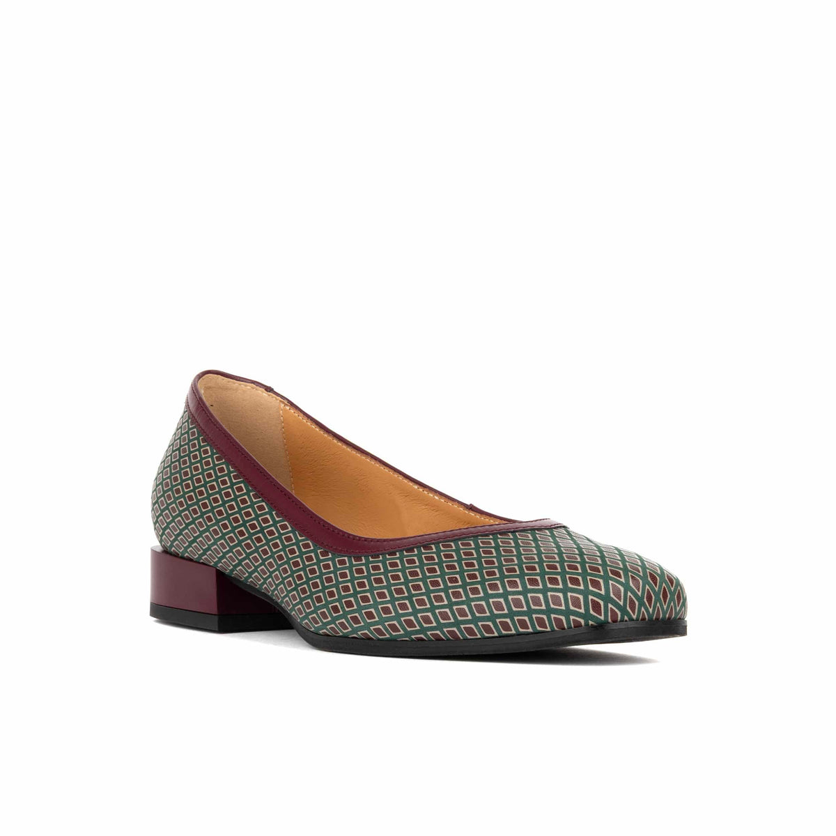 Nirvana - Burgundy & Green Diamond - Womens leather block heel ballerina pumps