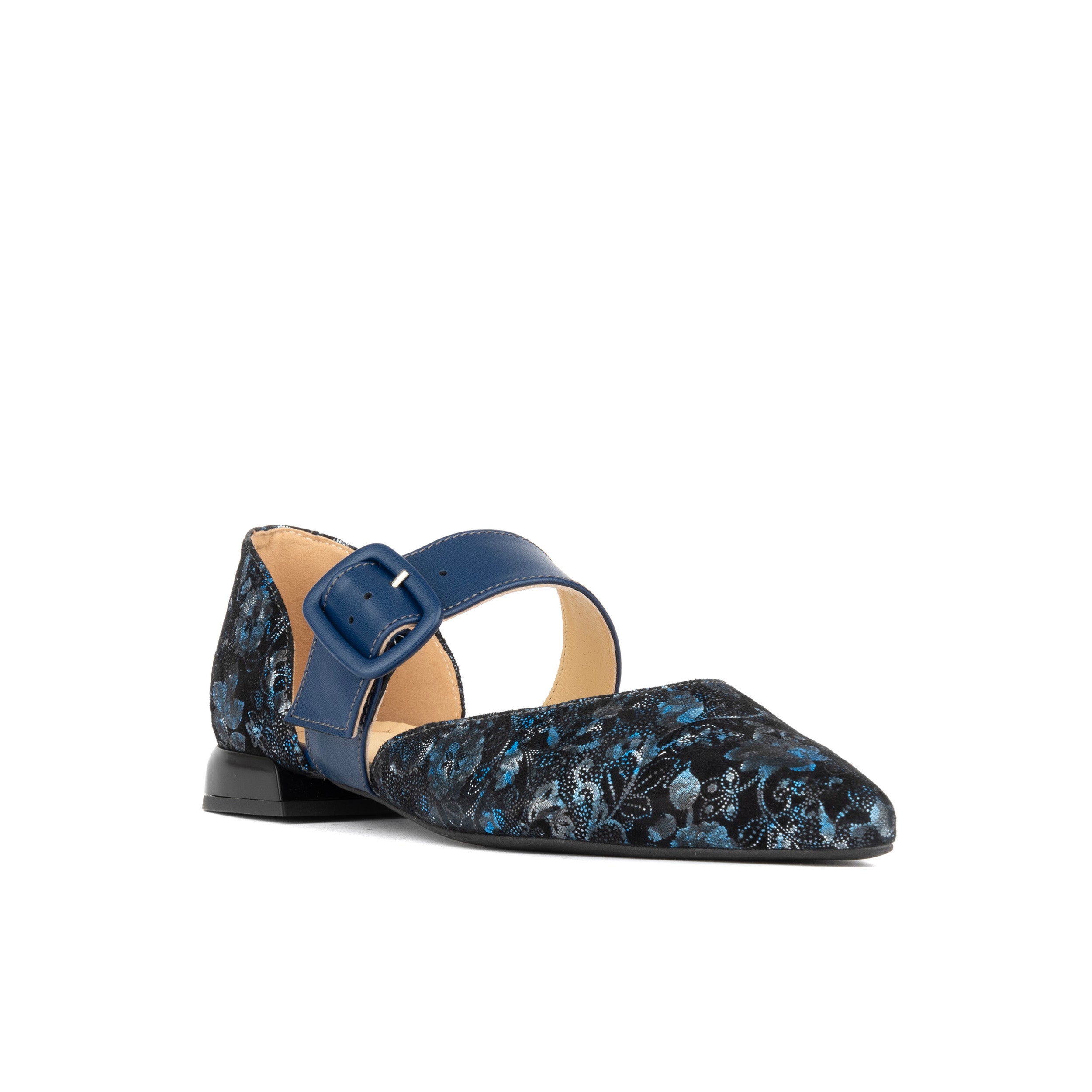 Lush - Navy & Floral - Women's leather pointed ballet pump with buckle strap