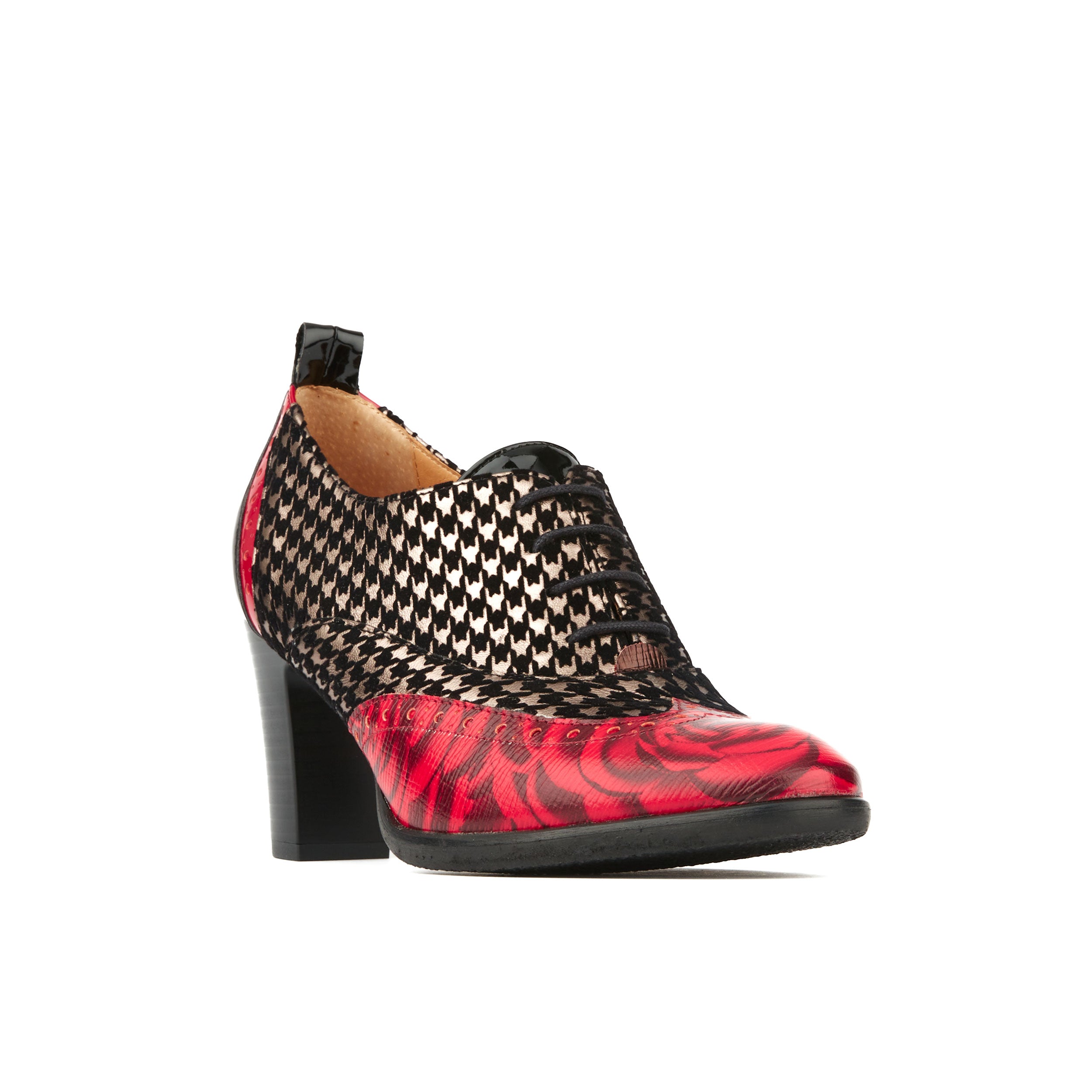 Casino - Red Houndstooth - Women's leather oxford pump in block heel with broguing