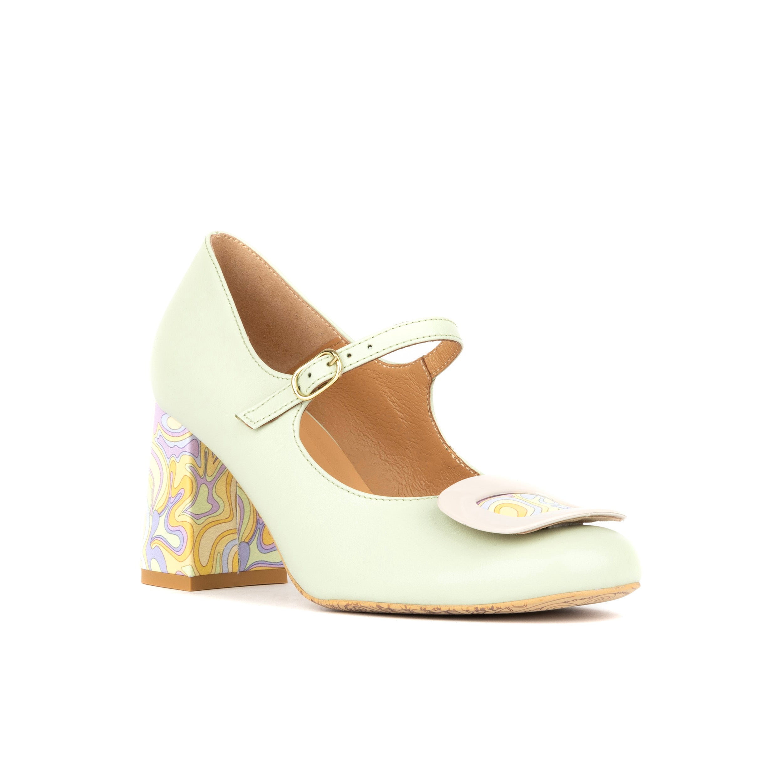 Button - Mint & Multi Pastel Print - Women's Leather Round-toe Mary Jane Pump with Block Heel