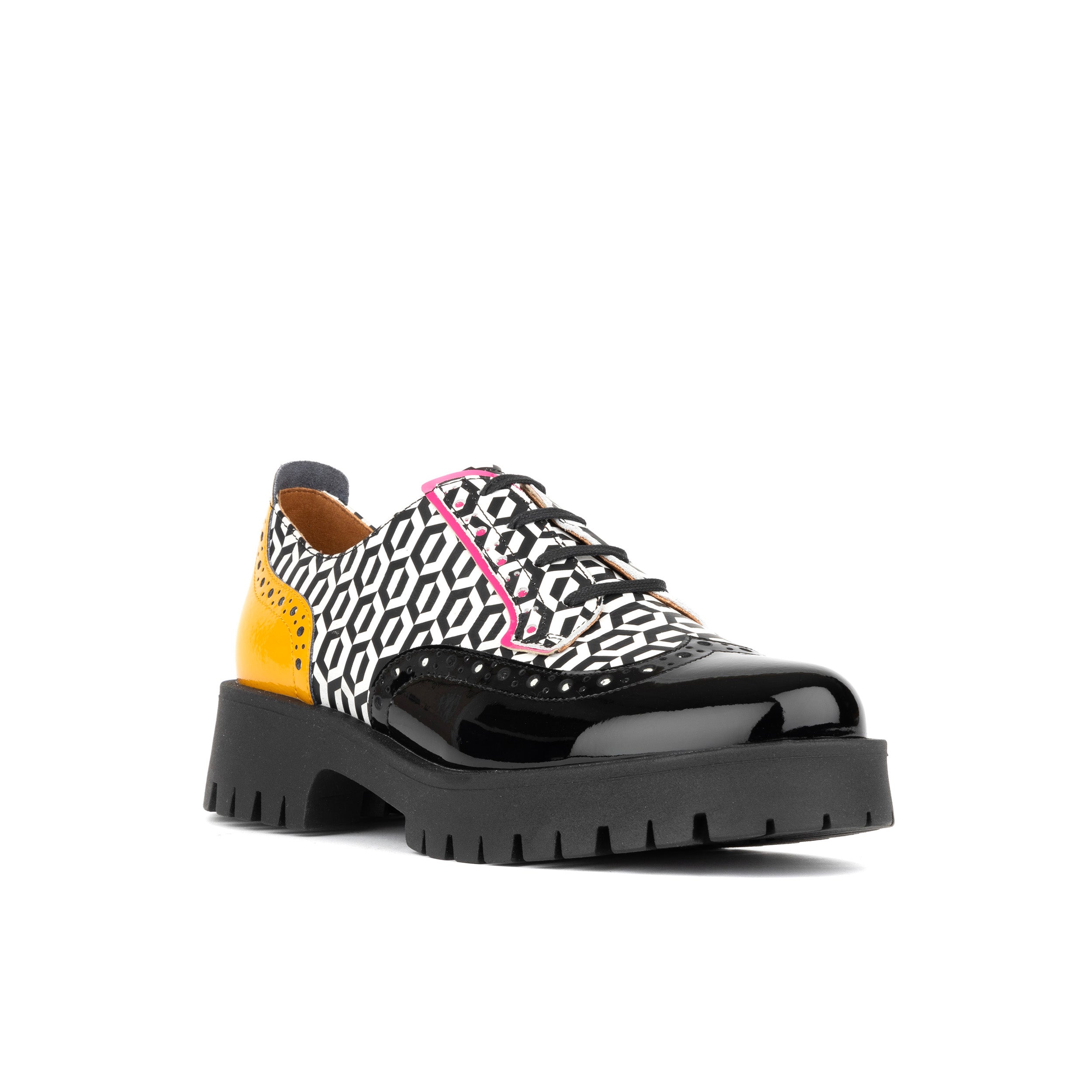 Artisan - Black & Yellow Hexa - Women's Leather Lace-up Shoe with Brogue Detailing