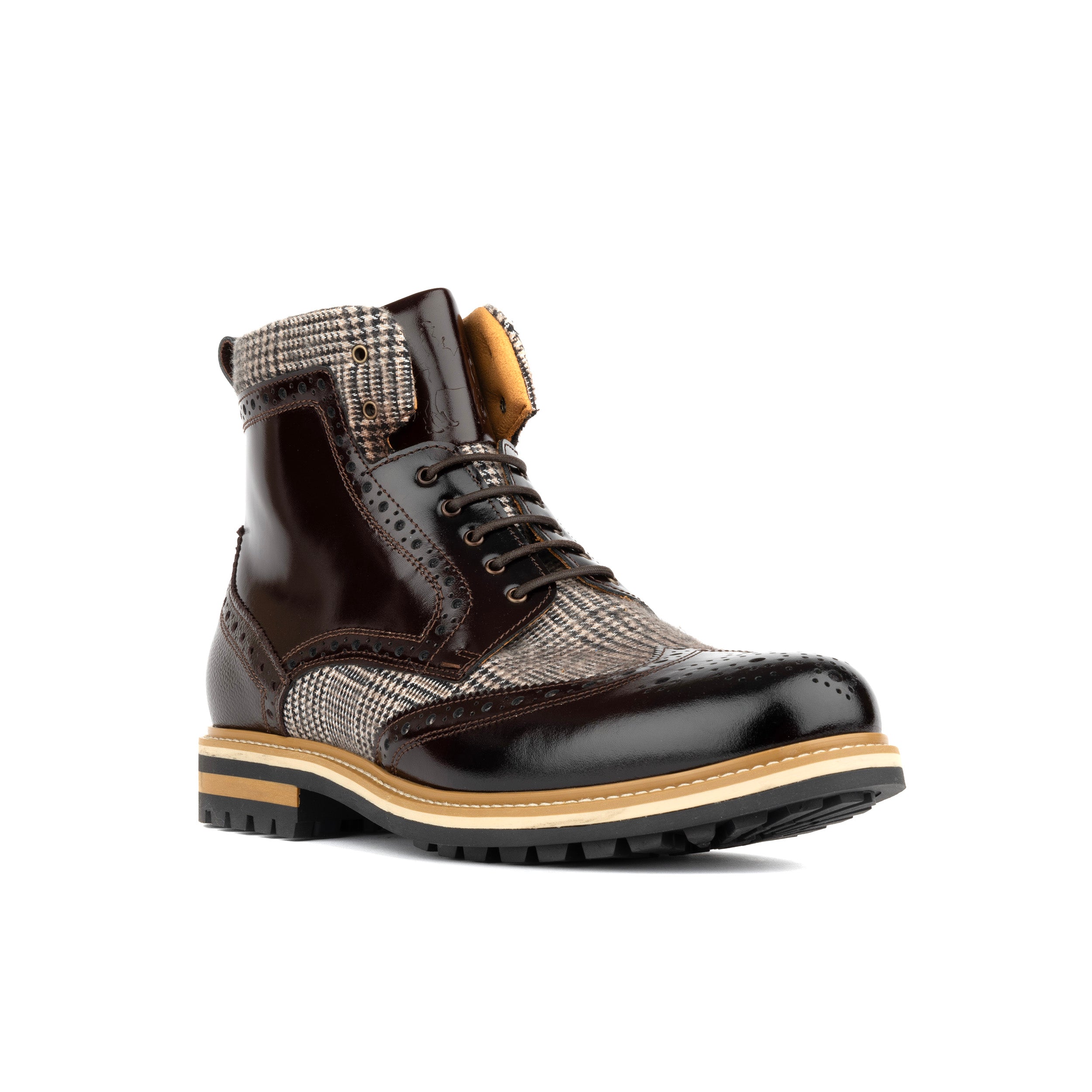 Wanderer - Brown Check - Men's leather combat style side zipper boot in brown