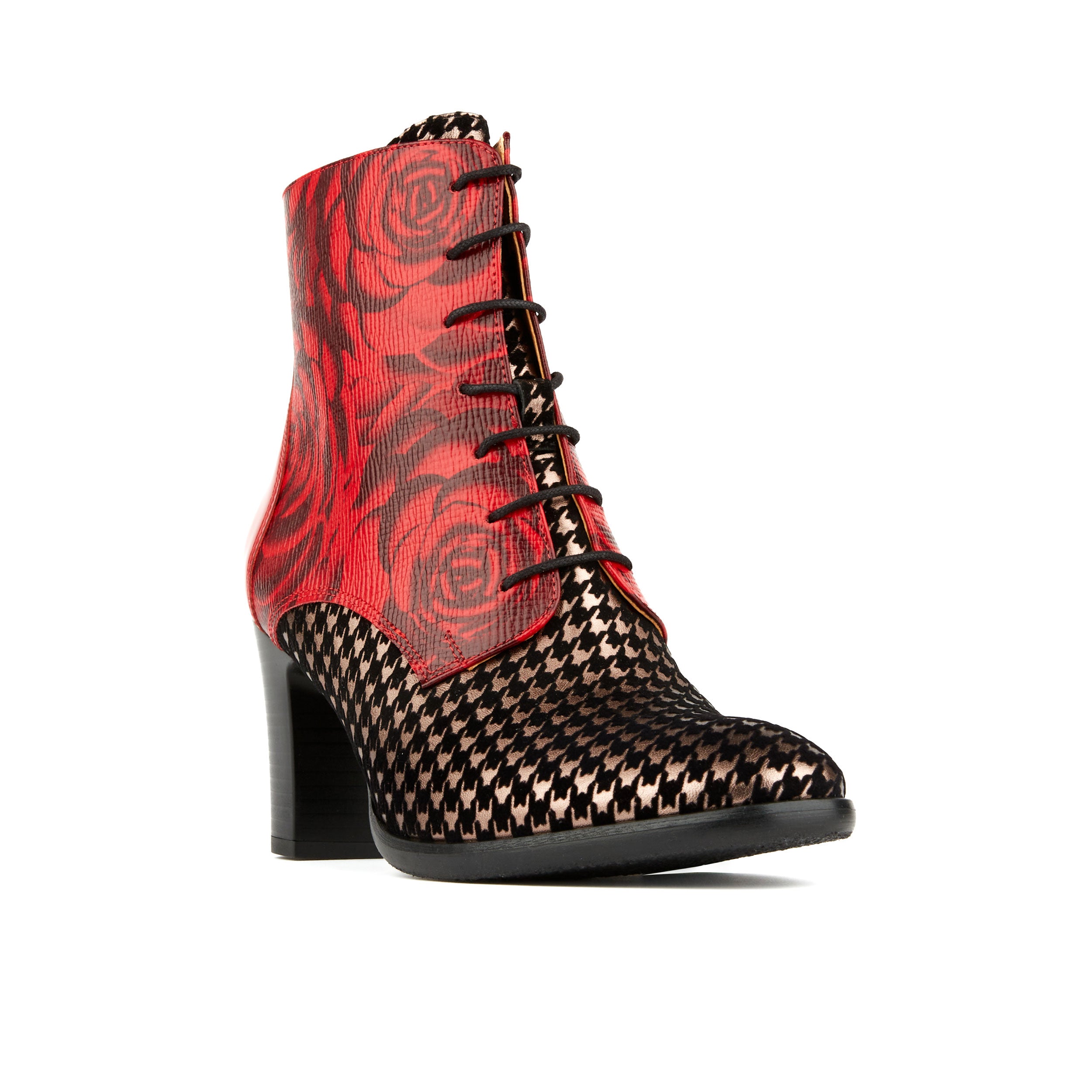 Merlin - Red Houndstooth - Women's block heel higher ankle leather boot in houndstooth