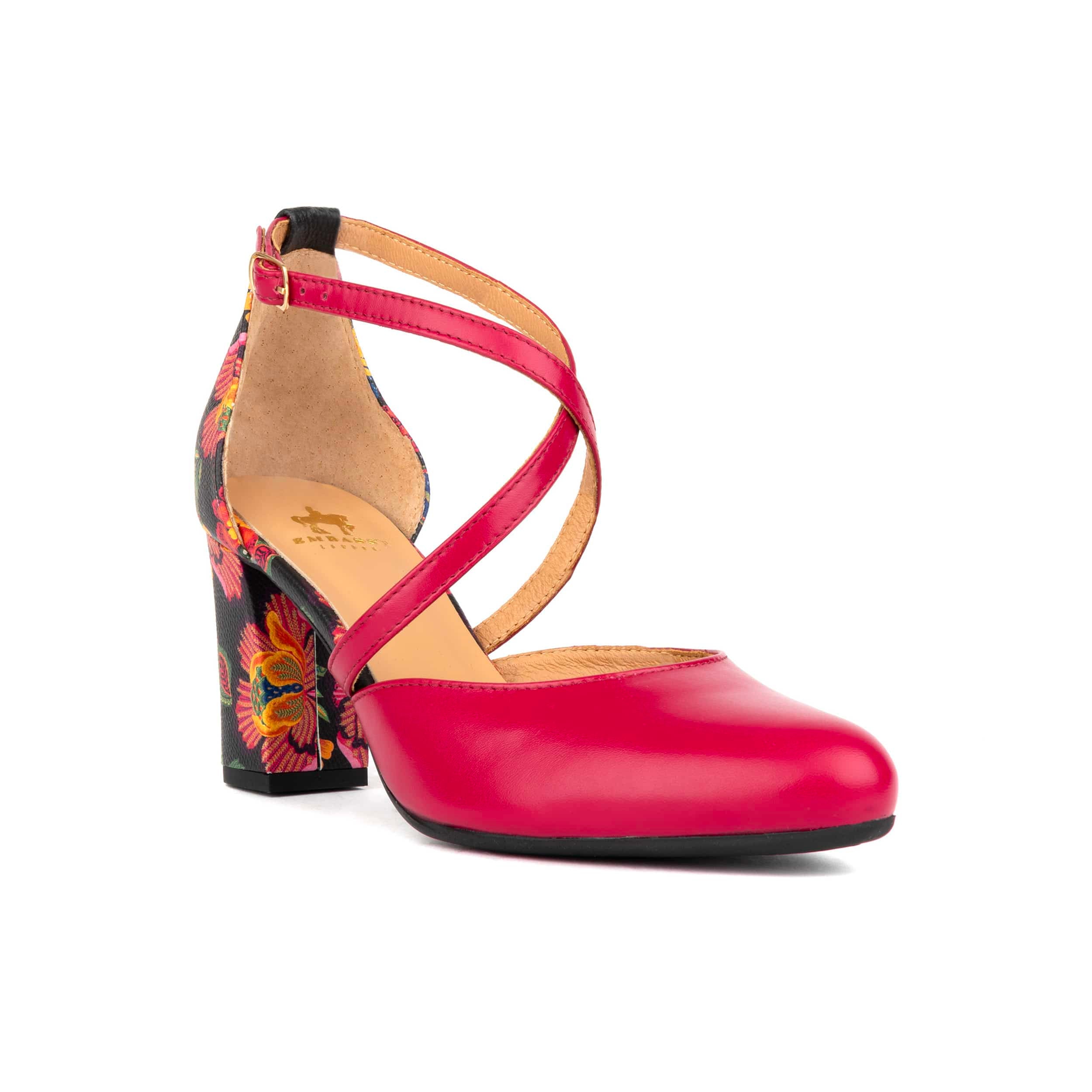 Kylie - Pink & Red Flowers - Women's leather strappy 3 inch block heel