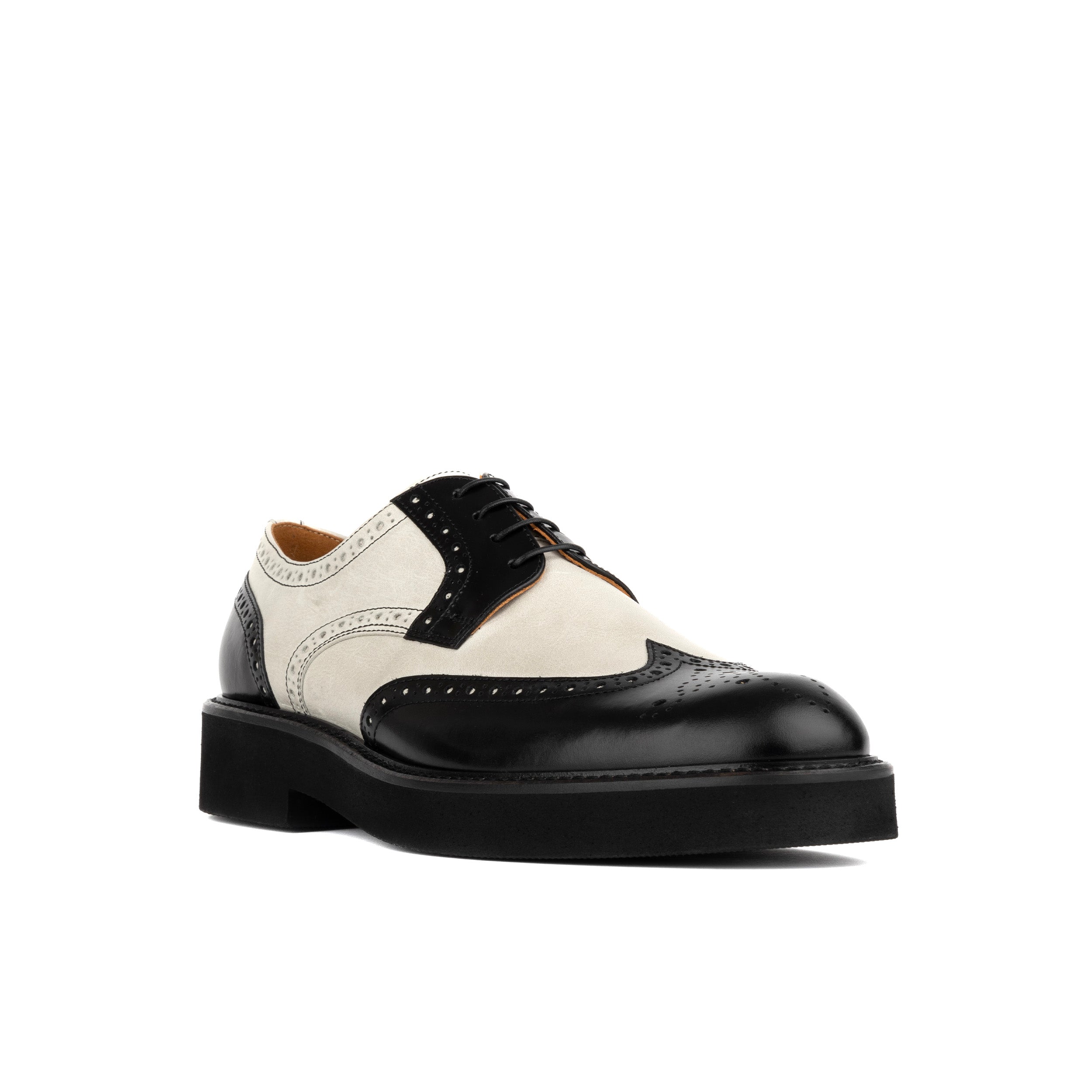 Oxford Sharp - Black Cream - Men's wingtip leather shoe with broguing in black & white