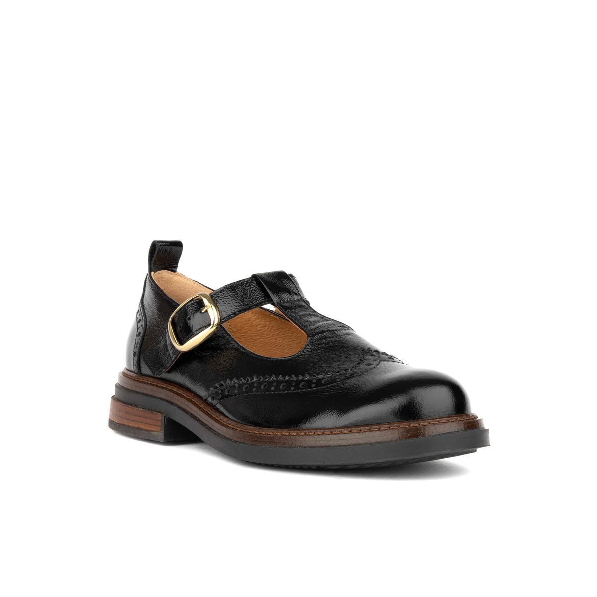 Miley - Black Women's Leather T-Bar Brogue Shoes
