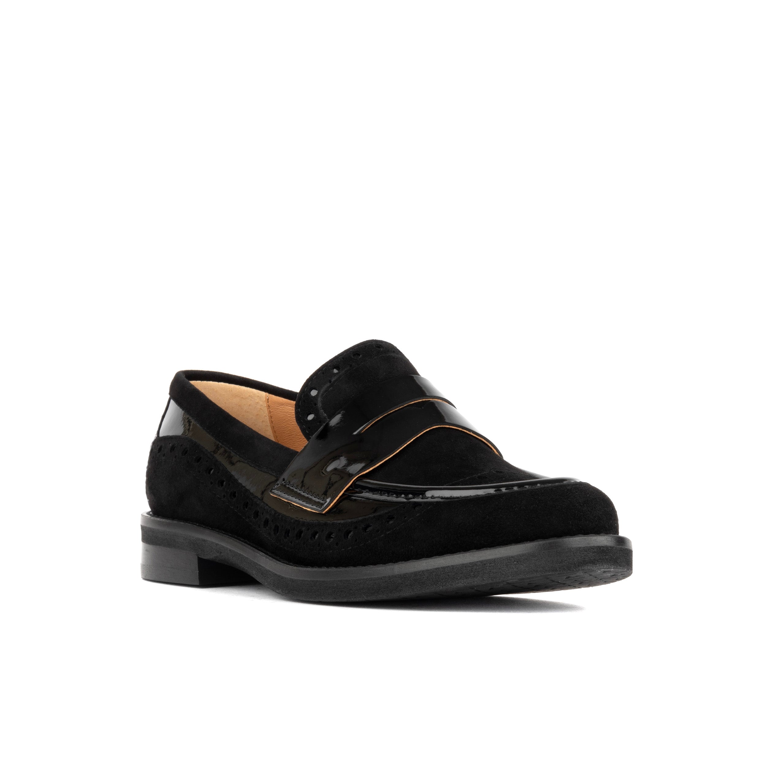 Angelina - Black - Women's leather almond toe penny loafer with broguing