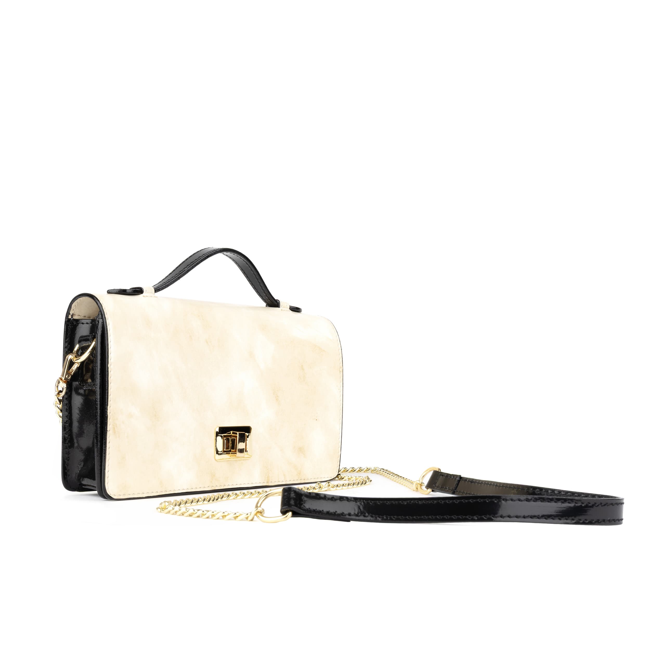 Envy - Cream & Black - Women's leather flap clutch bag with strap