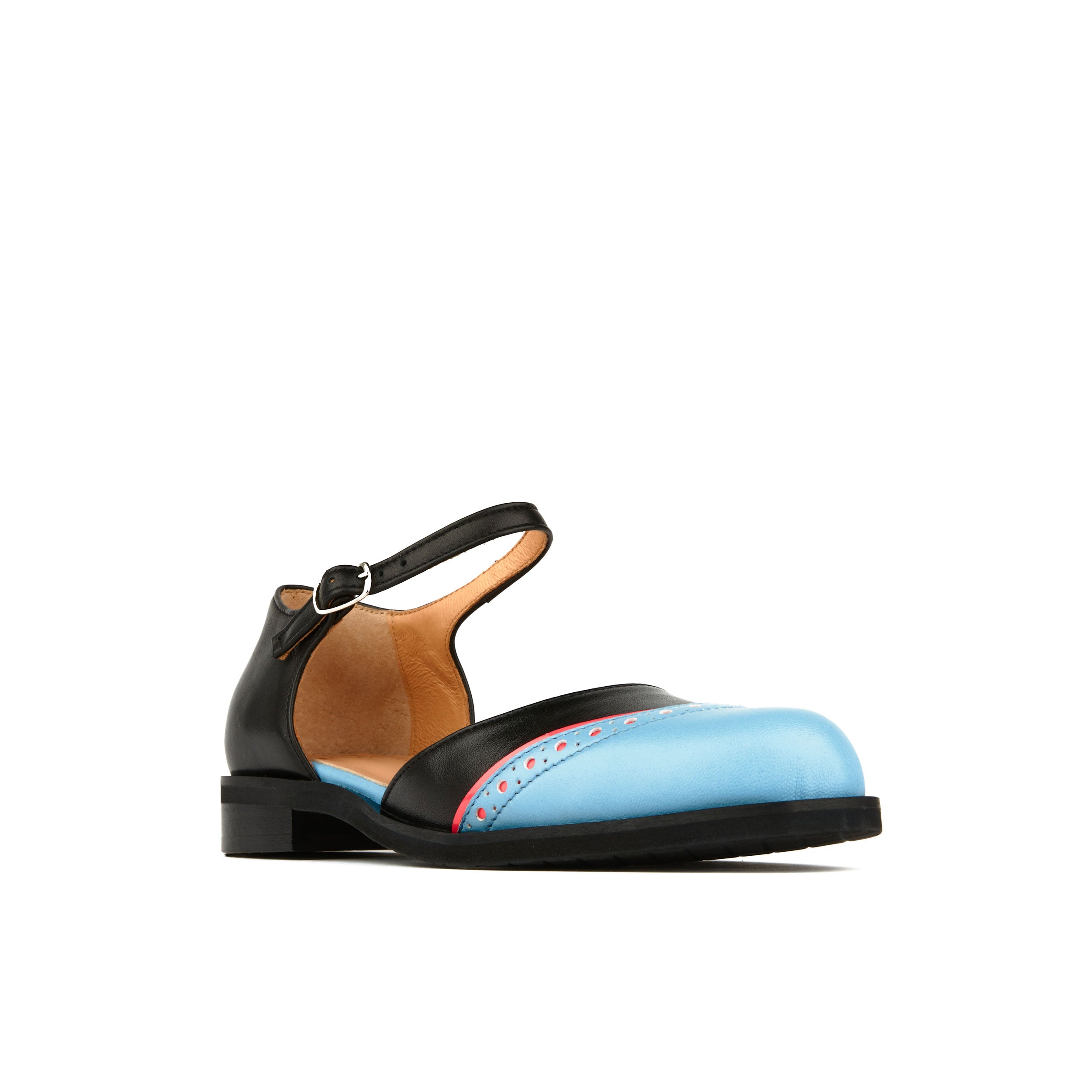 Gigot - Black & Aqua - Women's closed heel and round toe leather flat sandal