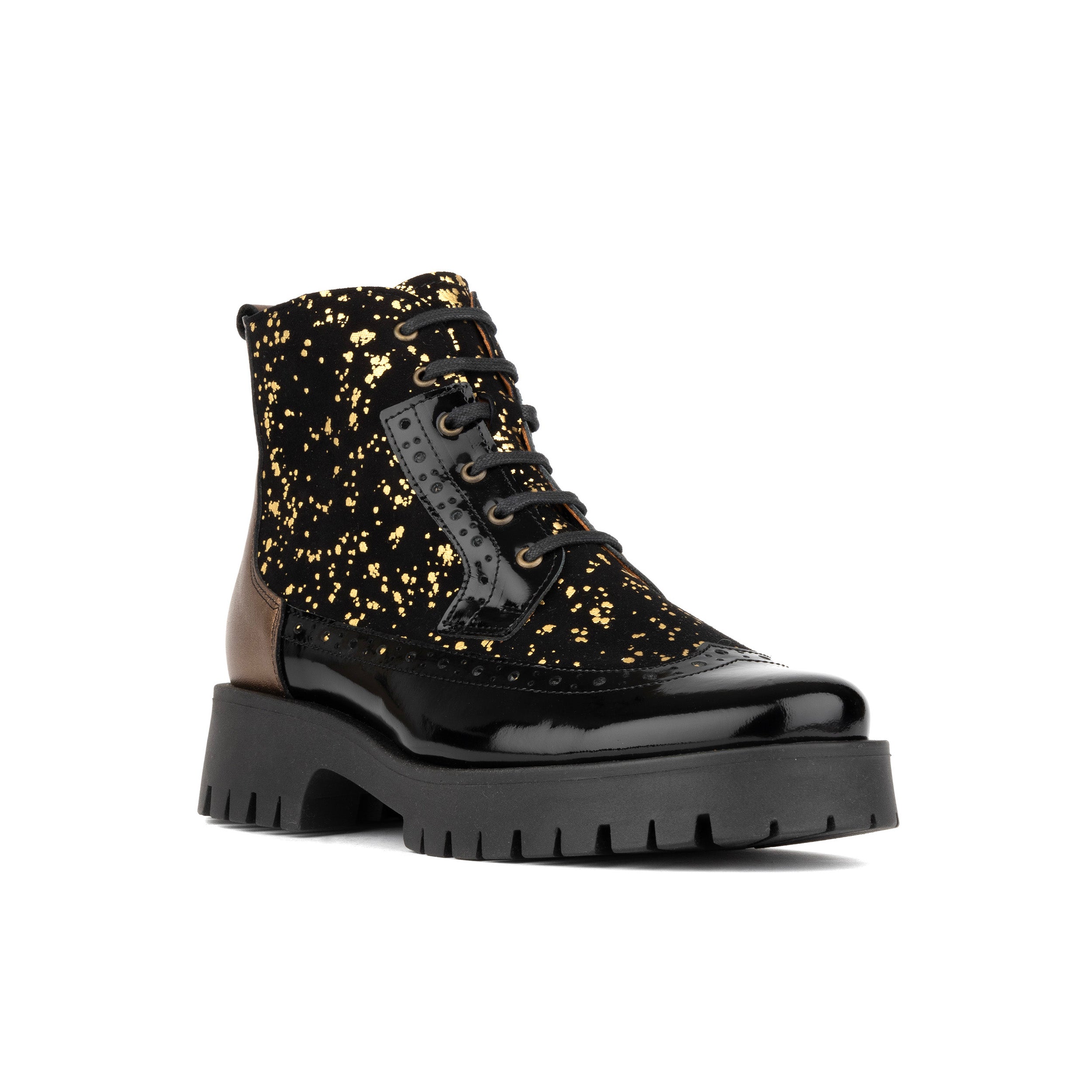 Hatter Platform - Drops - Women's ankle boot in golden paint drops on black leather