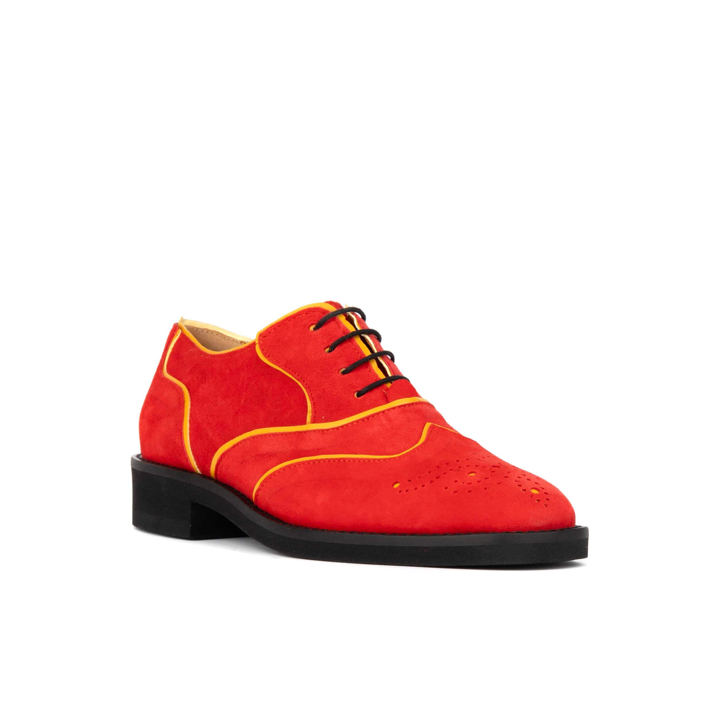 Sun - Red & Yellow - Women's Suede Wingtip Oxford Brogue with Contrast Piping