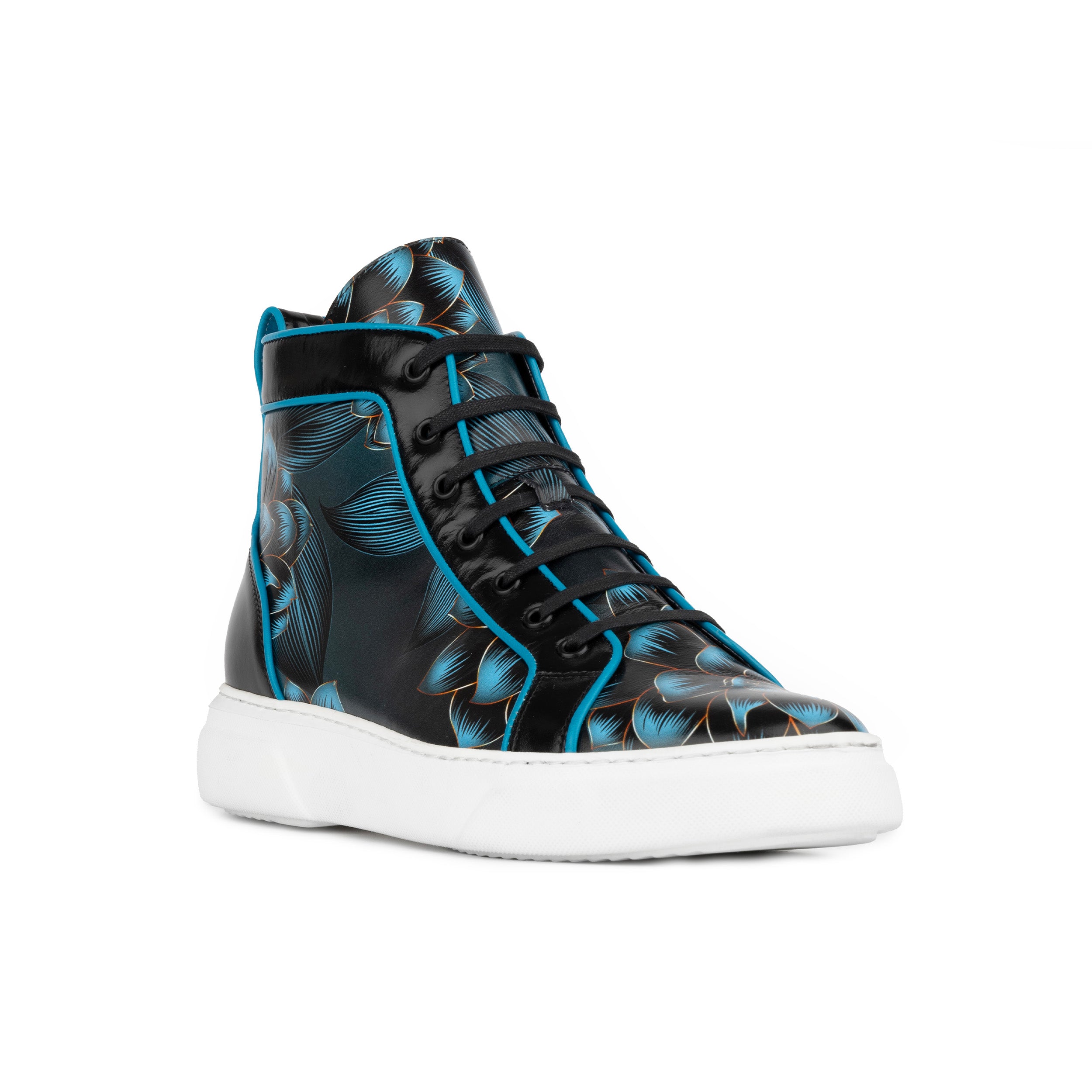 Exstatic High - Black Blue - Men's high top white sole Italian leather trainer in blue