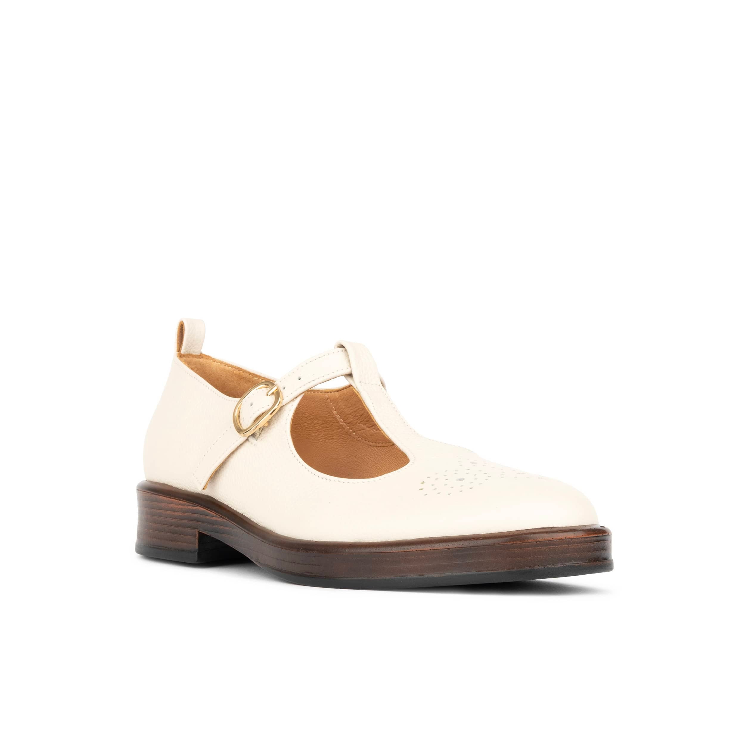 Bloom - Cream - Women's Textured Leather T-Bar Shoe with Brogue Detail