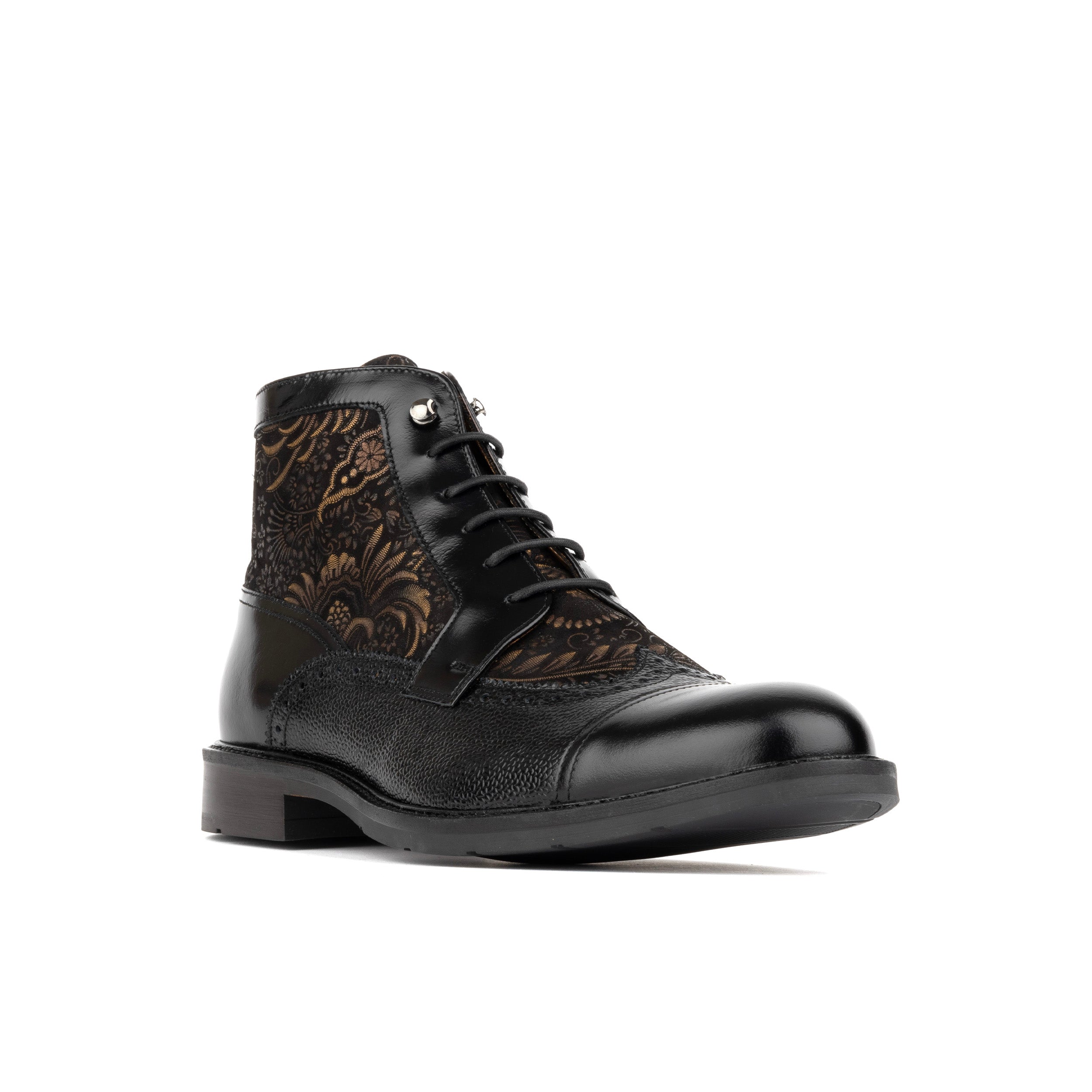 Charles - Black & Gold - Men's toe cap dressy leather boot with zip and broguing