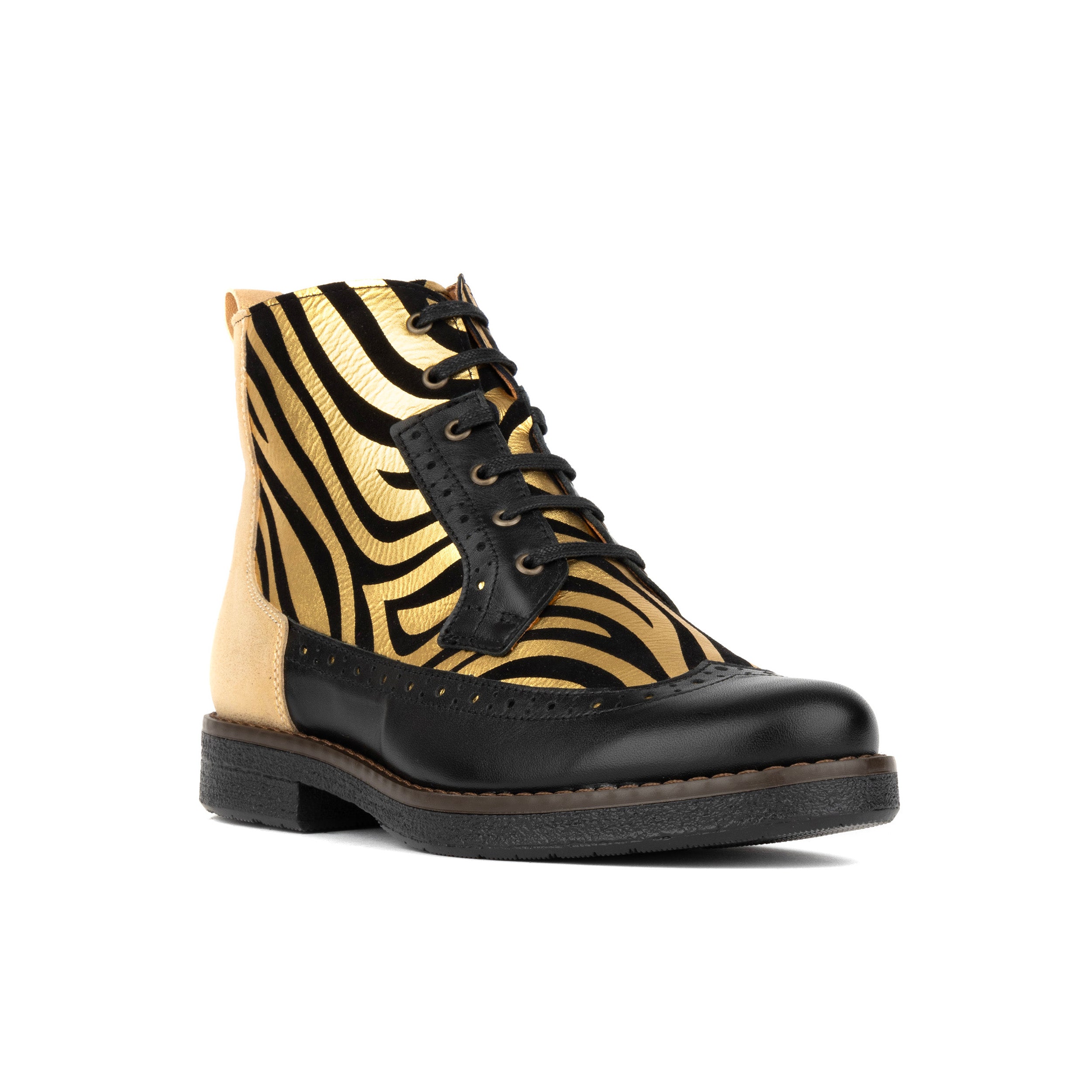 Hatter - Black & Gold Stripes - Women's Leather Ankle Lace-up Boot with gold foil zebra stripes