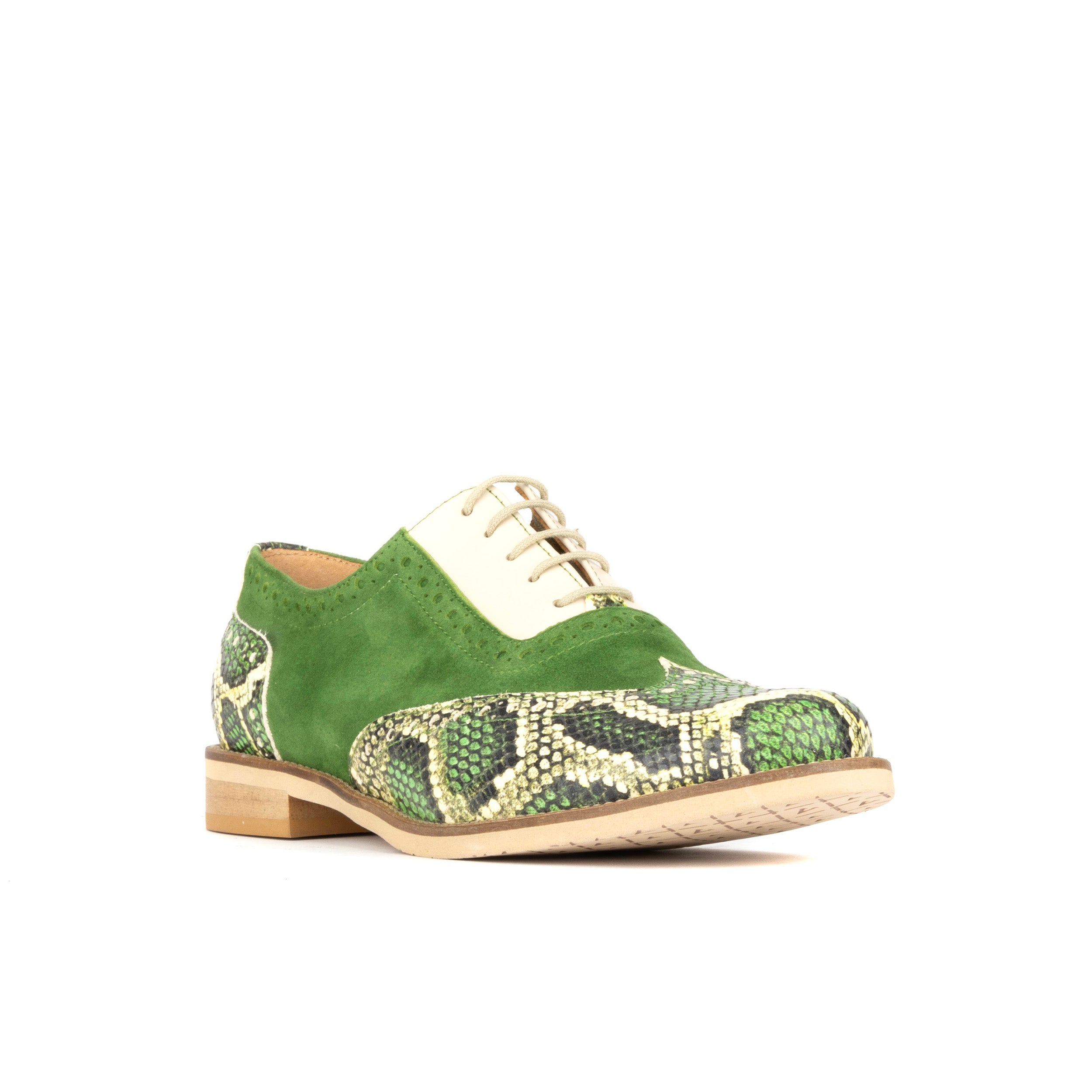 Vivienne - Green Snake - Women's almond toe lace up leather oxfords with broguing