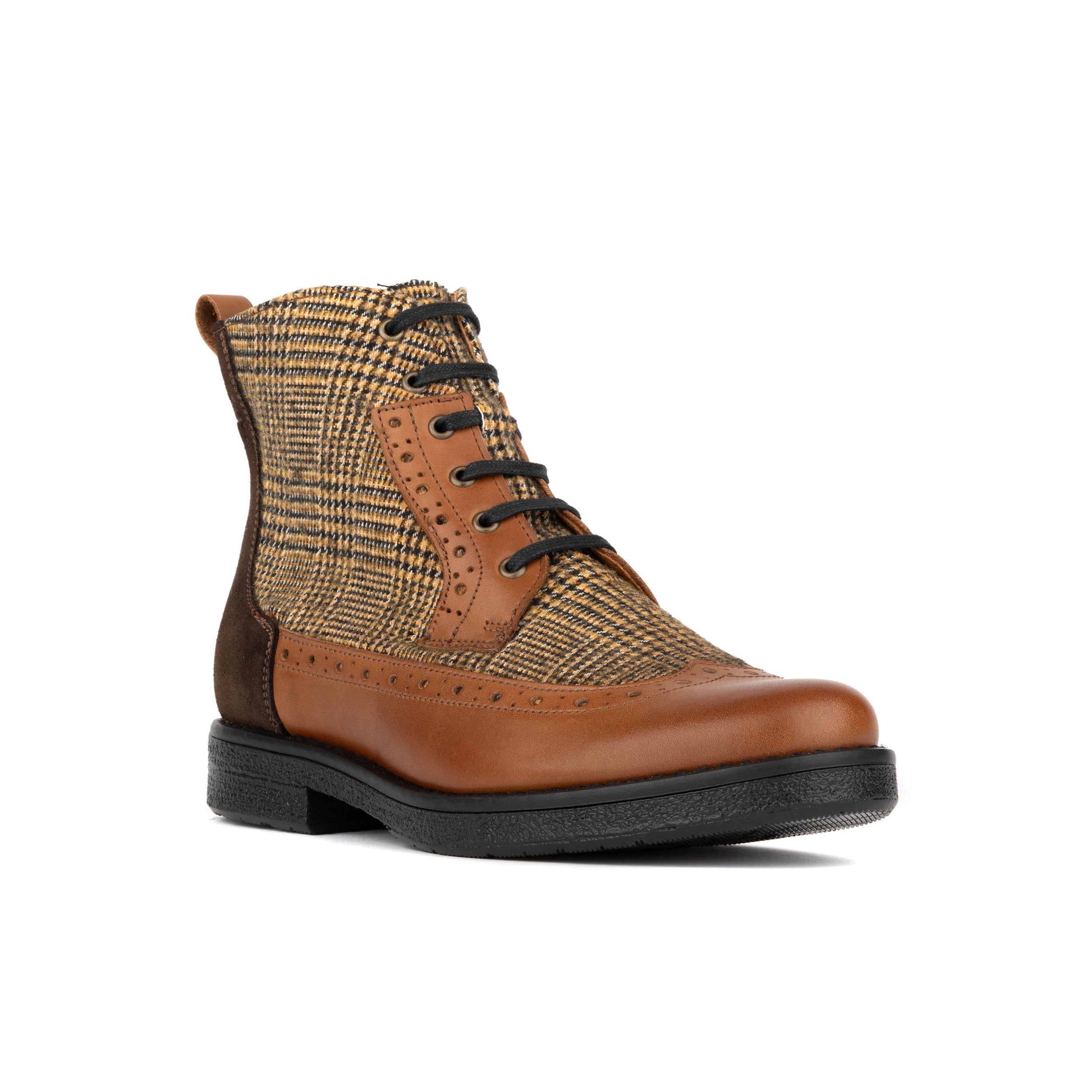 Hatter - Tan & Brown Check - Women's Leather Ankle Lace-up Boot with check details