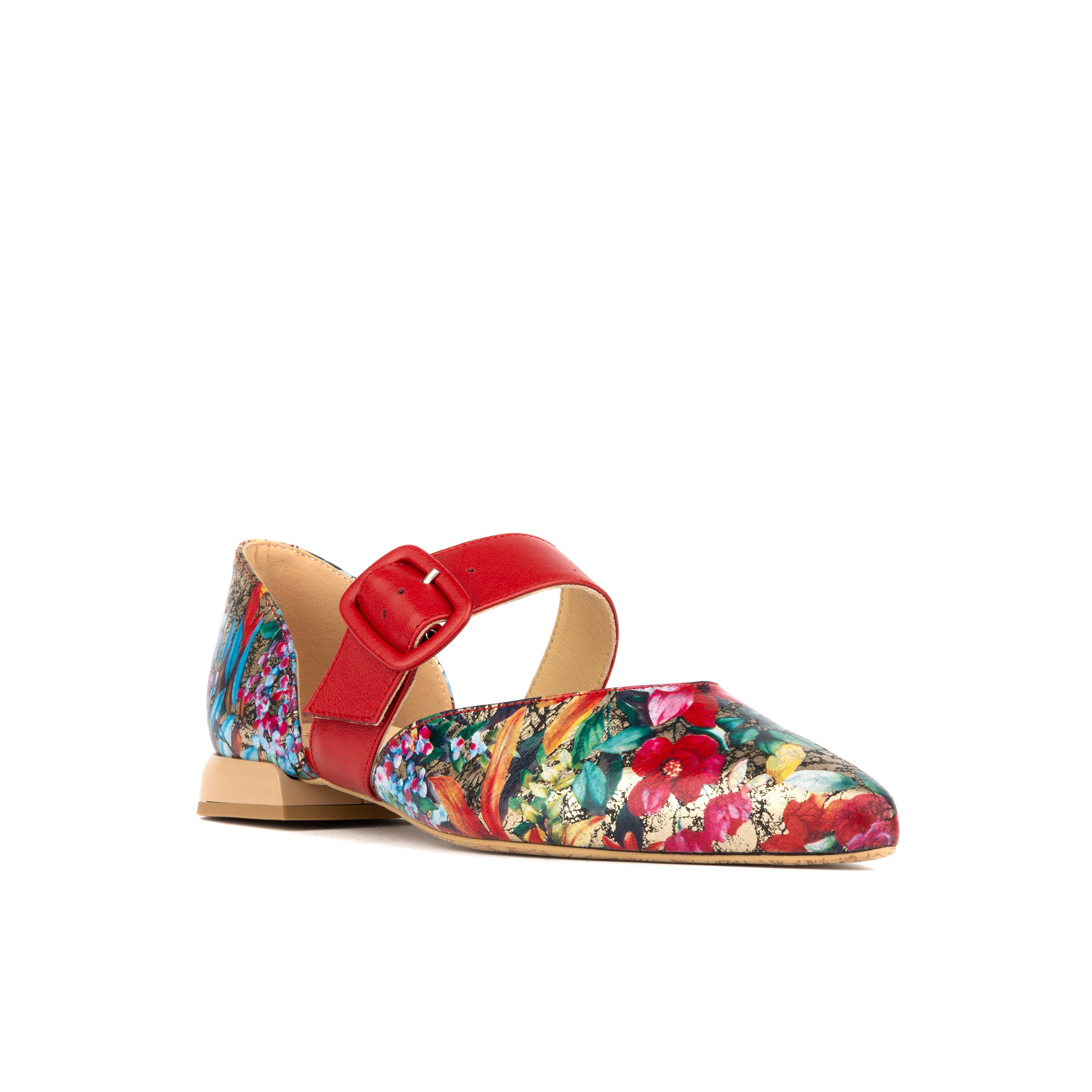 Lush - Red & Floral - Women's leather pointed ballet pump with buckle strap