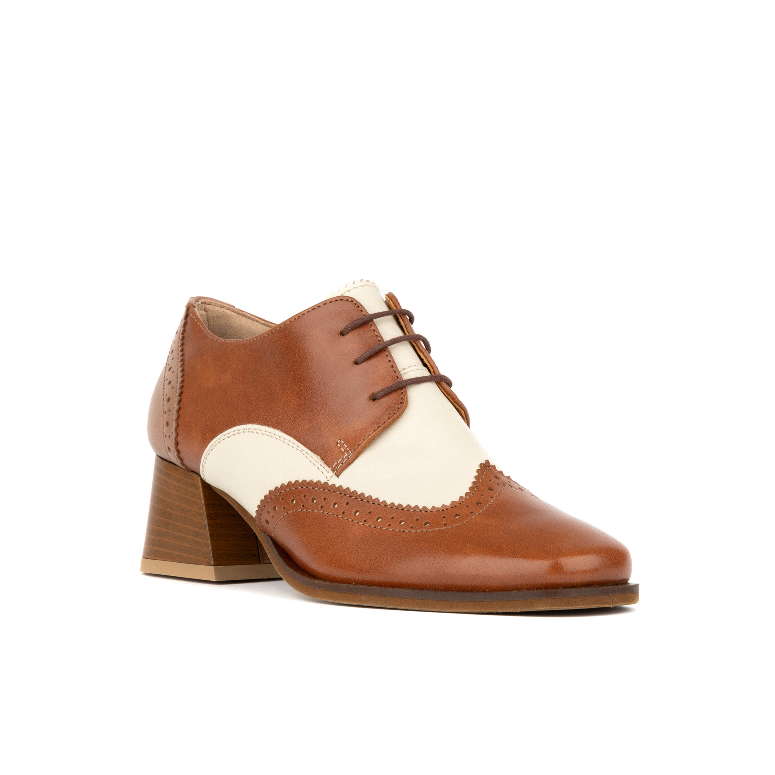 Ziggy - Brown & Cream - Women’s Leather Lace-up Brogue Heel
