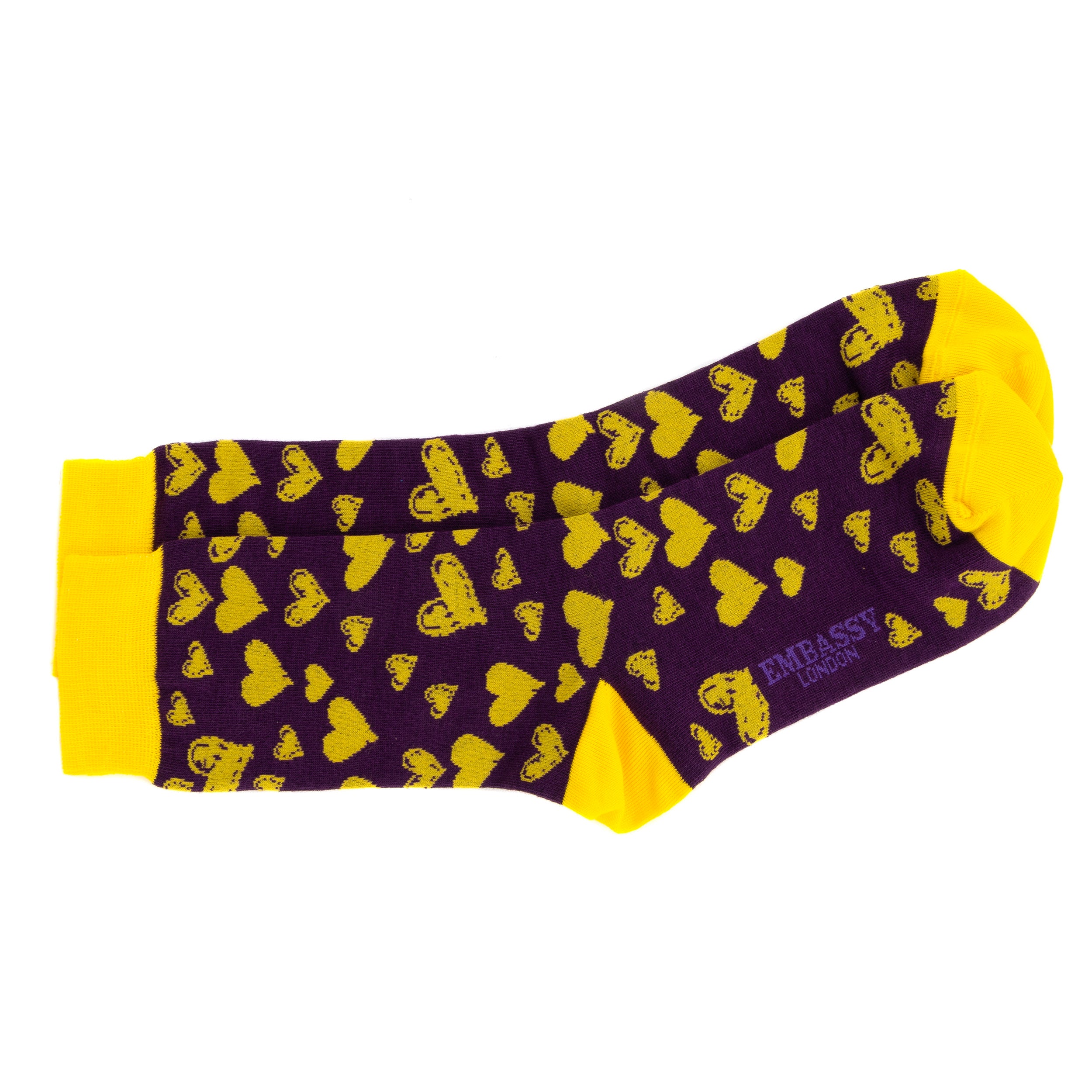 Soulmates purple yellow - Men's cotton crew socks size UK 6 to 12 in purple yellow