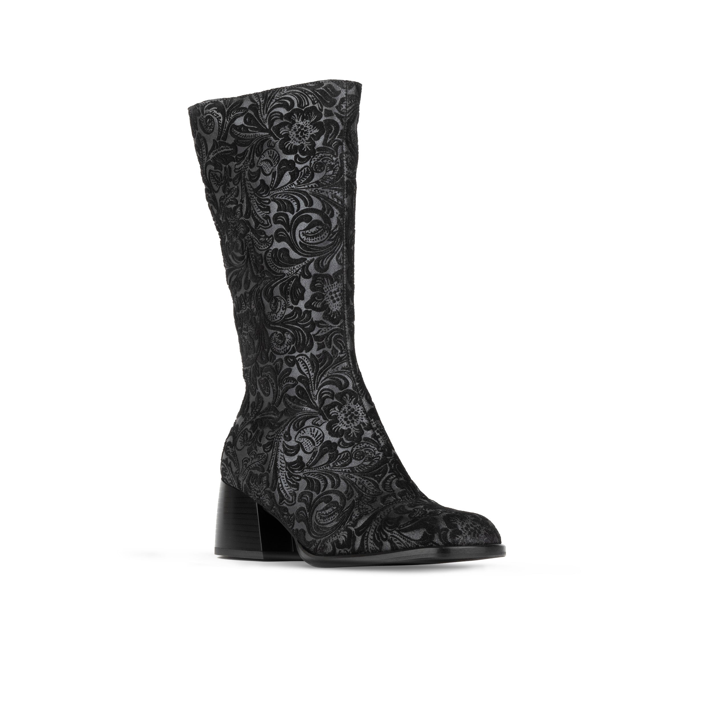 Leticia - Black Emboss - Women's leather tall shaft boot in 1.5 inch block heel