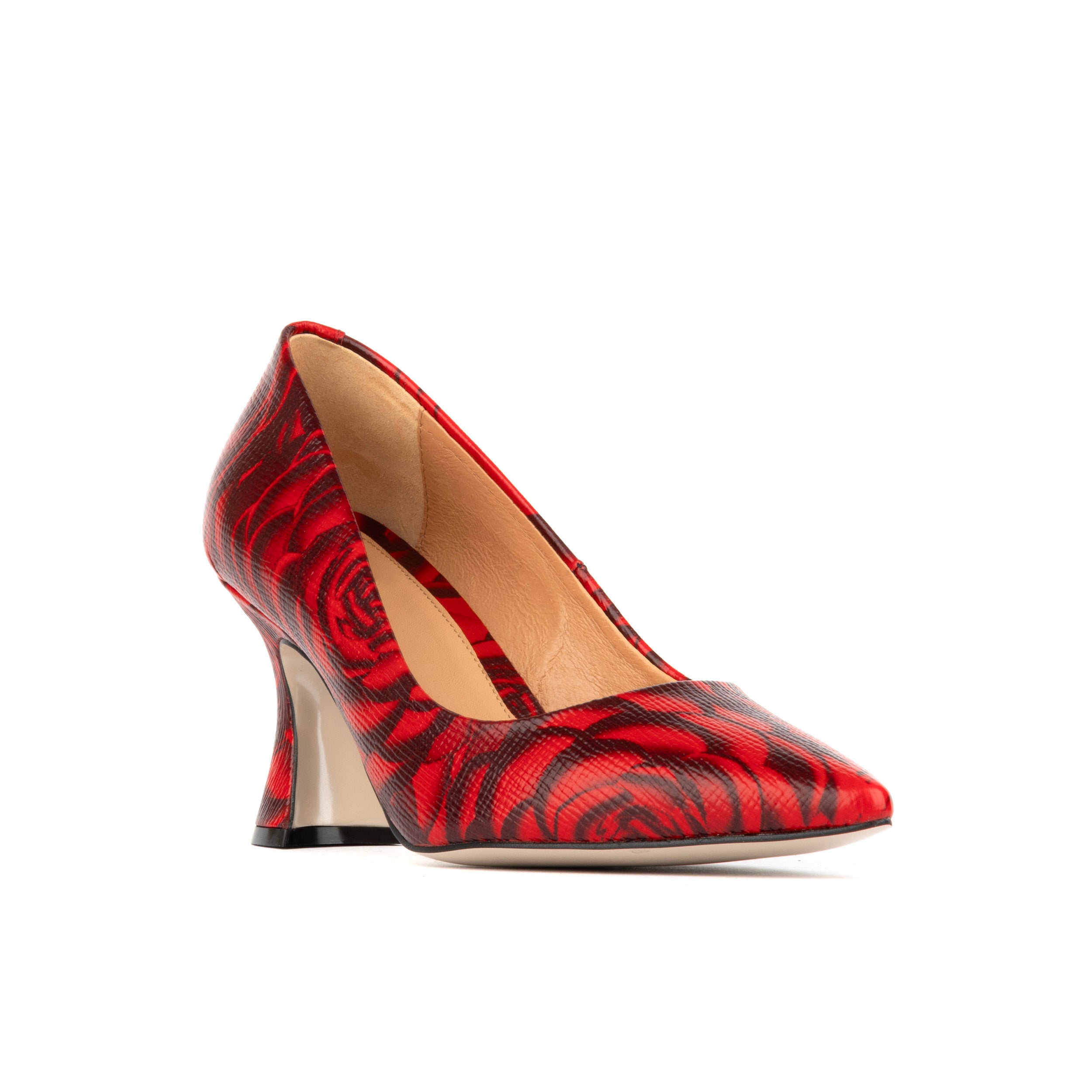 Sophia Hollywood - Red - Women's pointed 3 inch heel pump in red rose print leather