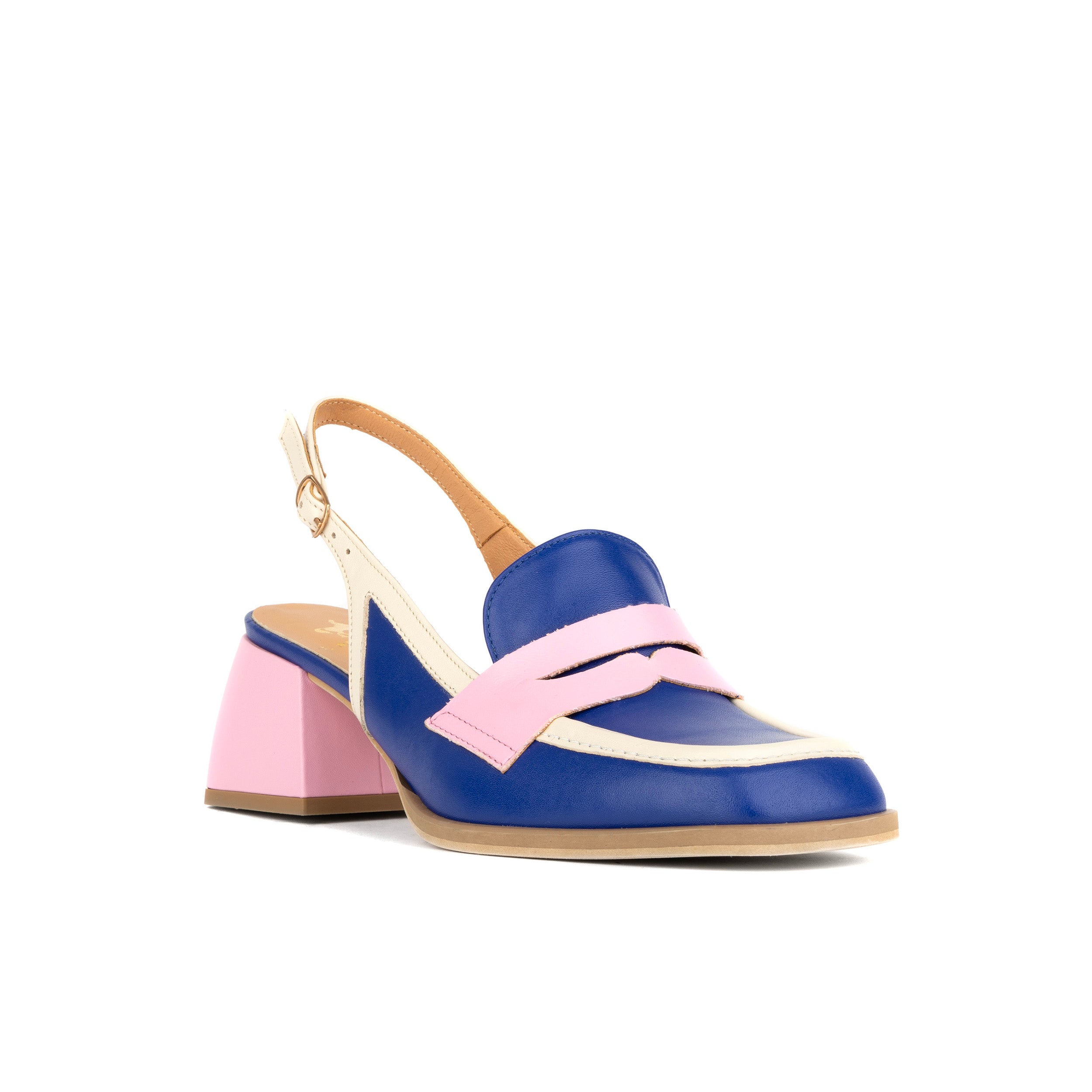 Diana - Blue & Cream & Pink - Women's block heel slingback leather pump