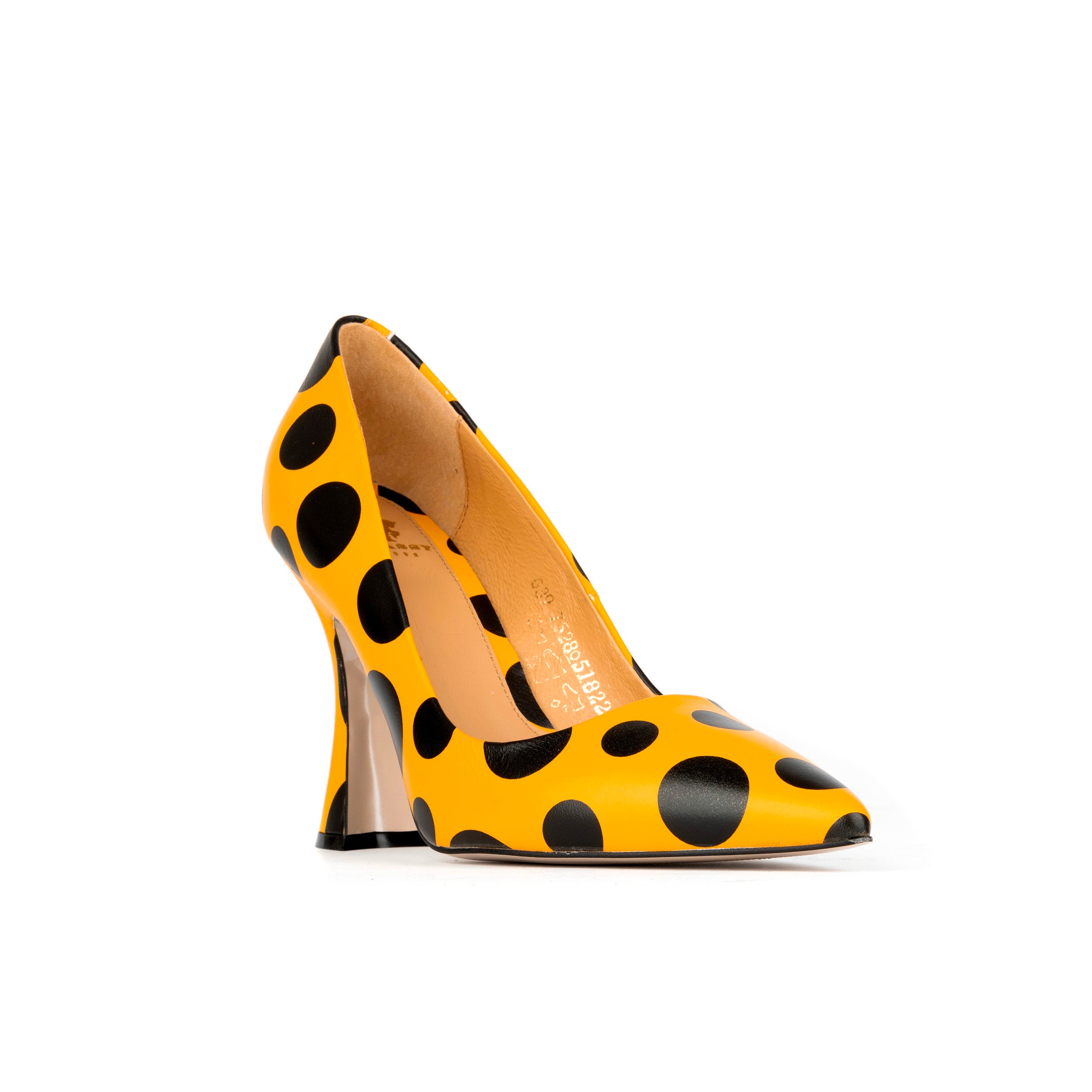 Emily - Black Orange Polka - Women's leather pointy 4 inch pump in orange and black dots