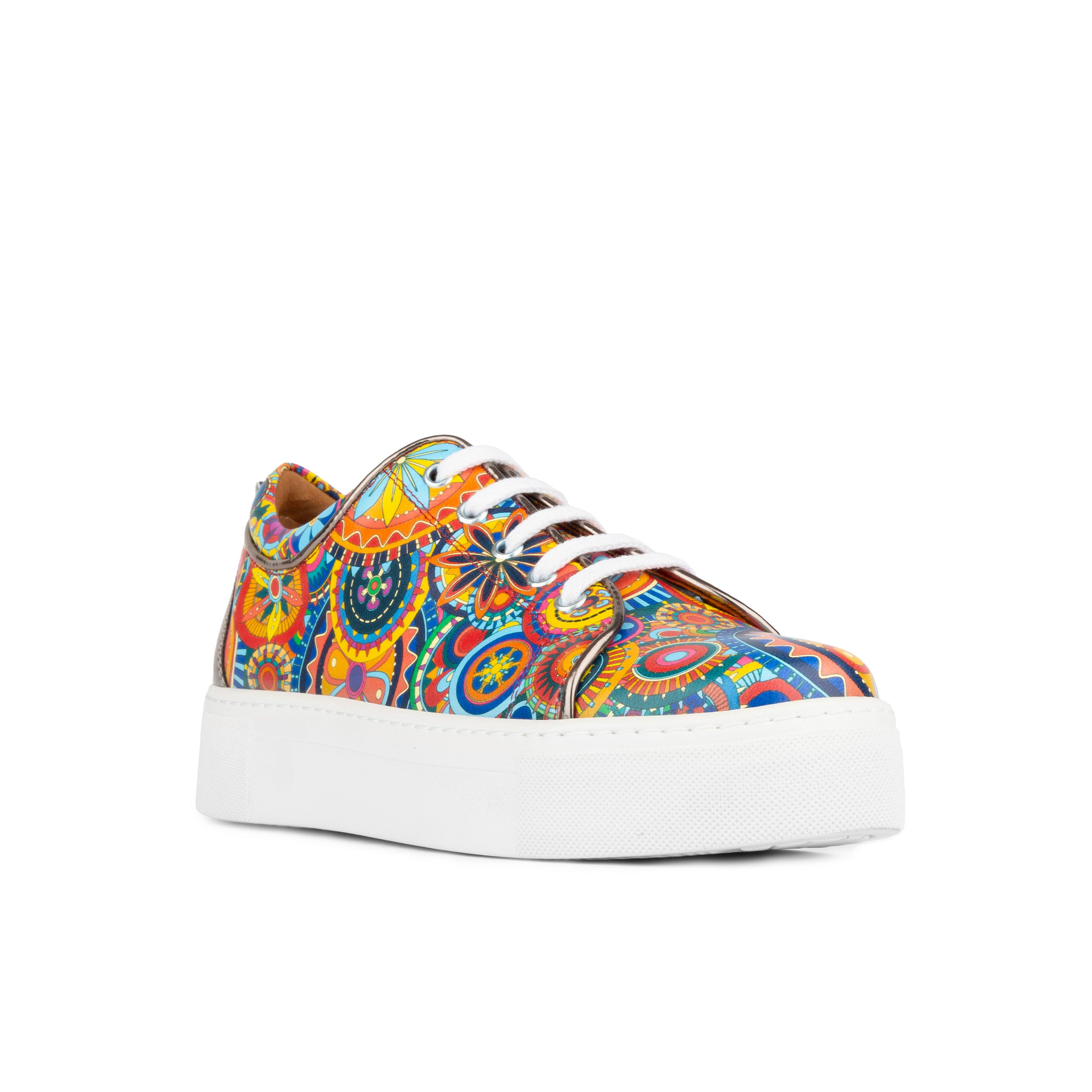 Camila - Silver & Signature Print - Women's chunky sole leather trainer in colourful print