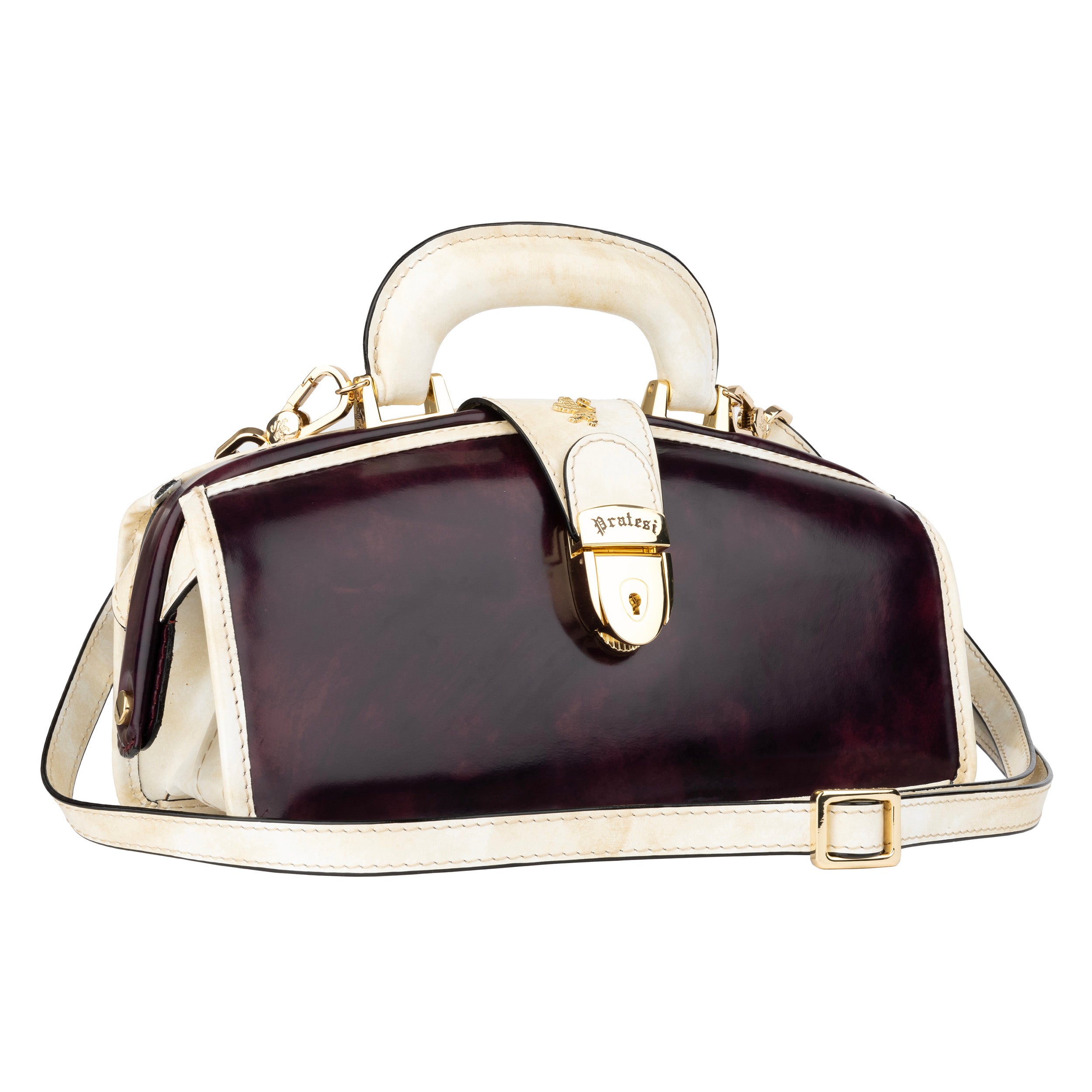 Gazelle - Burgundy & Cream - Women's patent bowling bag with handle and strap