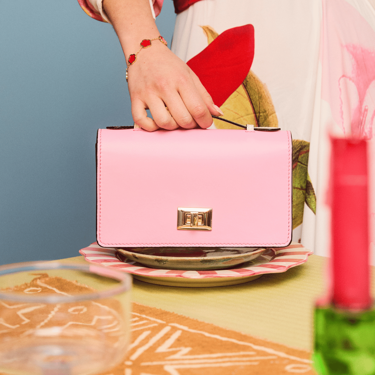 Envy - Pink & Cream - Women's leather flap clutch bag with strap