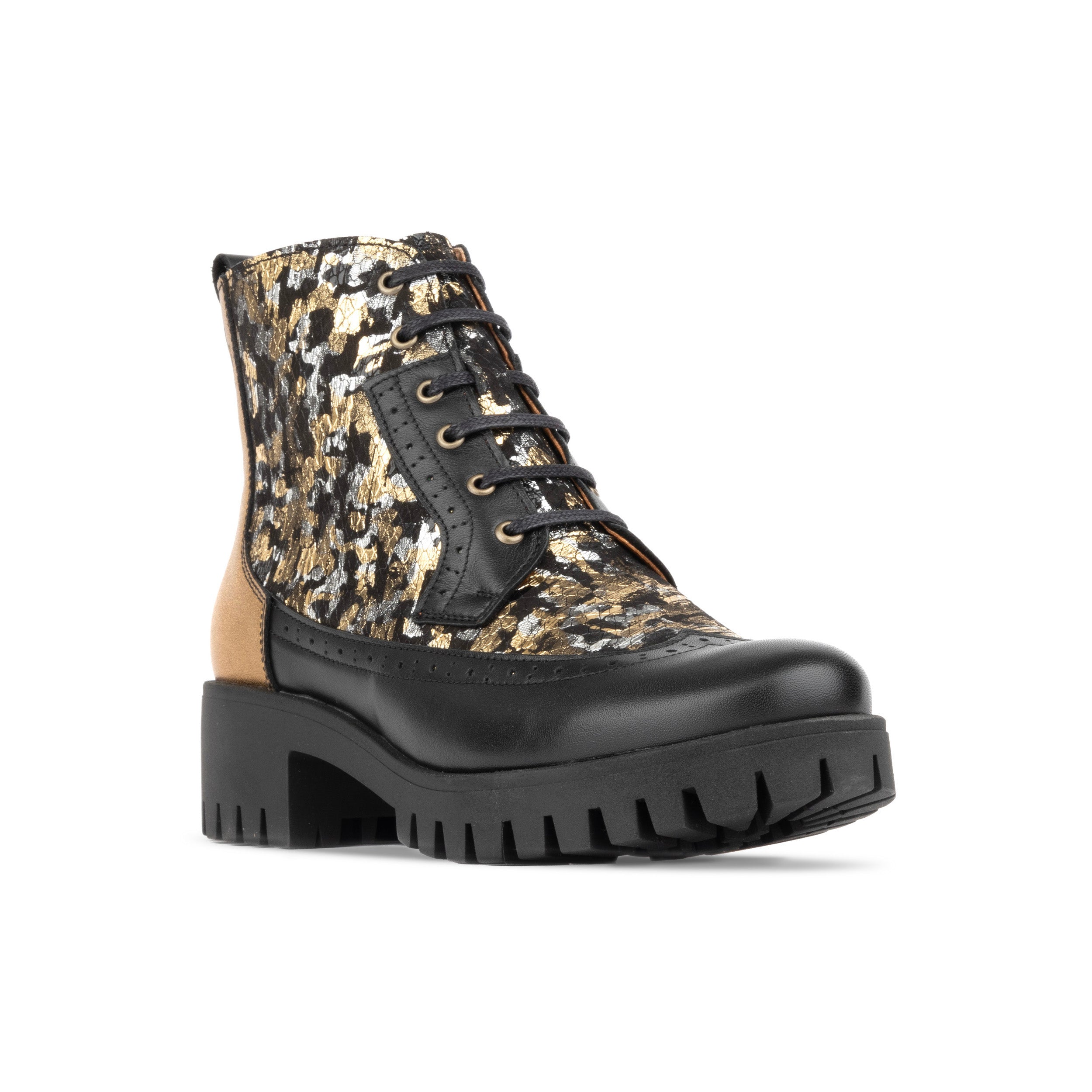 MILLINER PLATFORM FLORAL - Women's leather chunky 1 inch platform ankle boot in gold