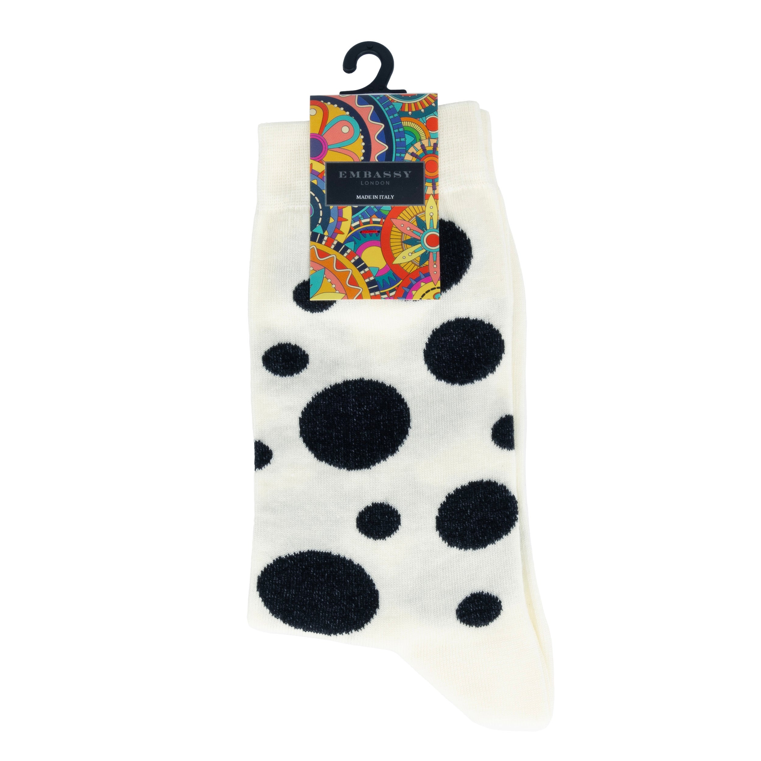 Footloose - White Black - Women's cotton crew socks UK 3 to 7 in white & black dots