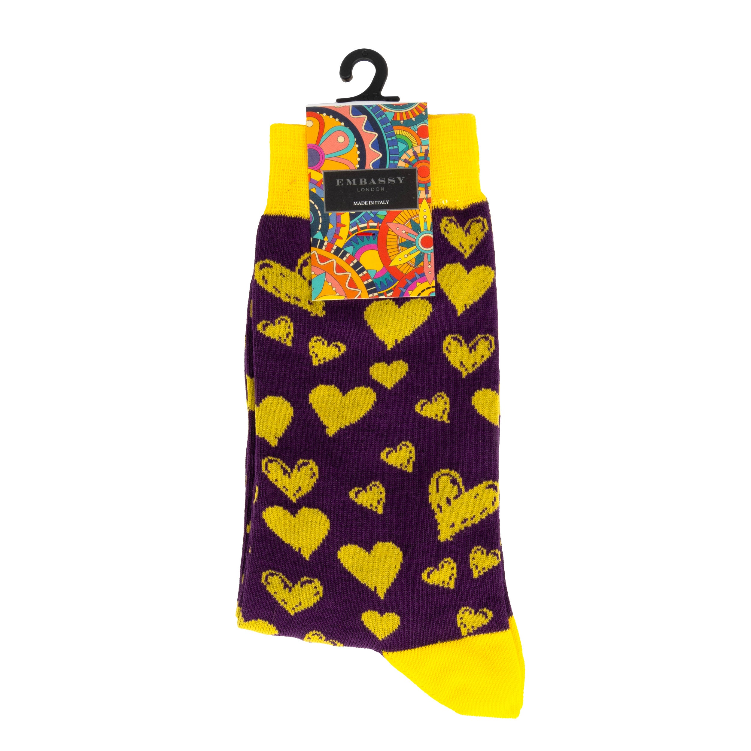 Soulmates - Purple Yellow - Men's cotton crew socks size UK 6 to 12 in purple yellow