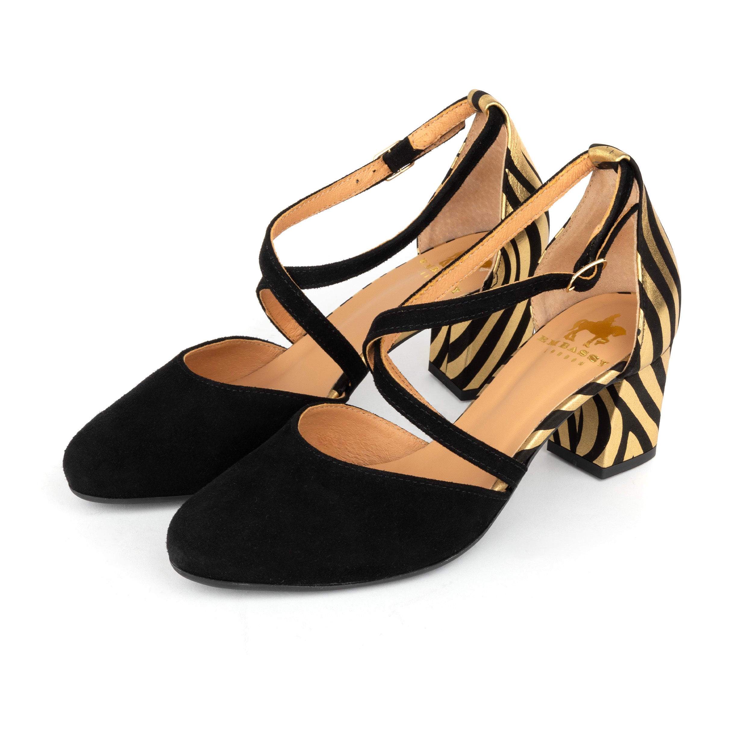 Dannii - Black & Gold Stripes - Women's leather closed-toe block heel with gold foil details