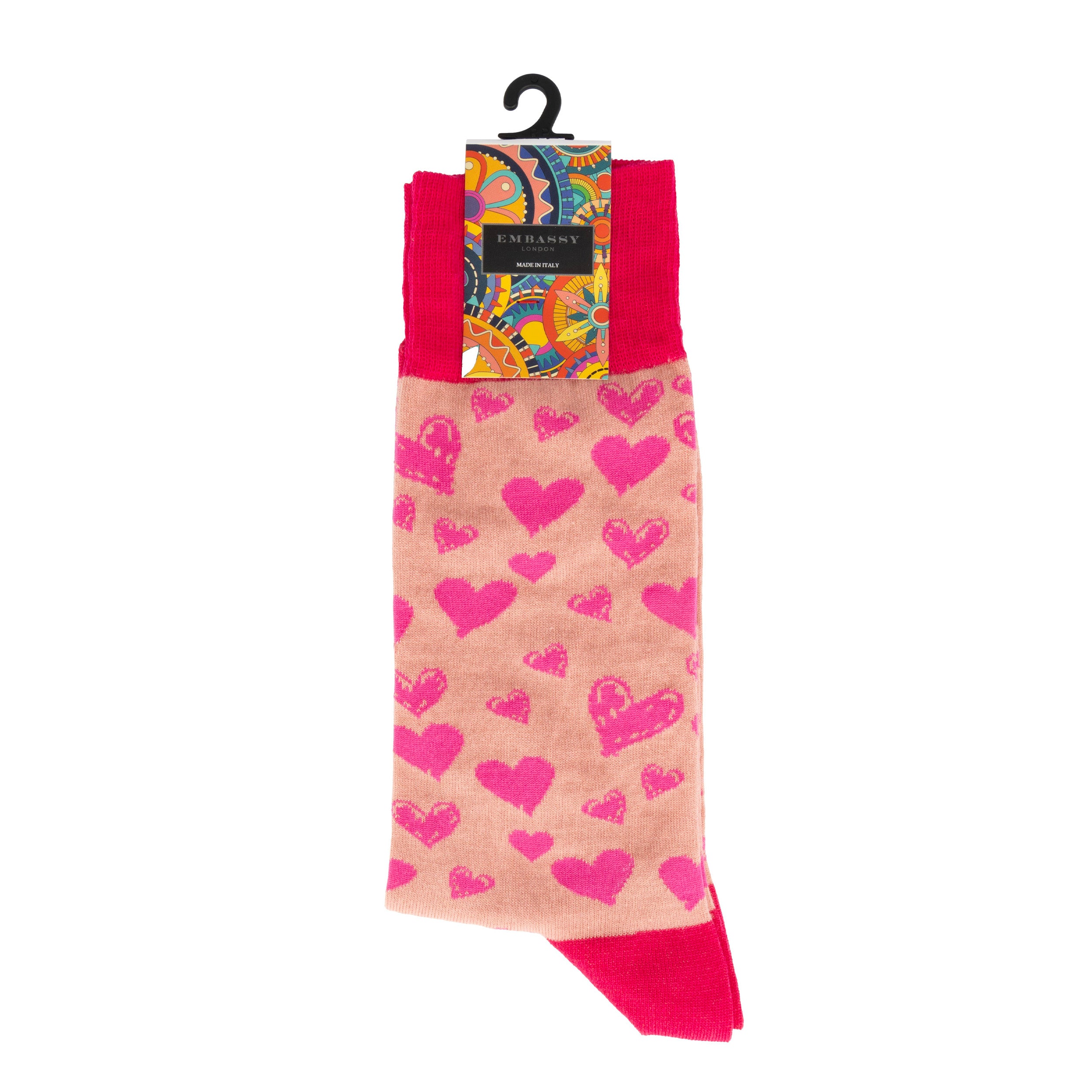 Soulmates - Pink Pink - Men's cotton crew socks size UK 6 to 12 in pink hearts