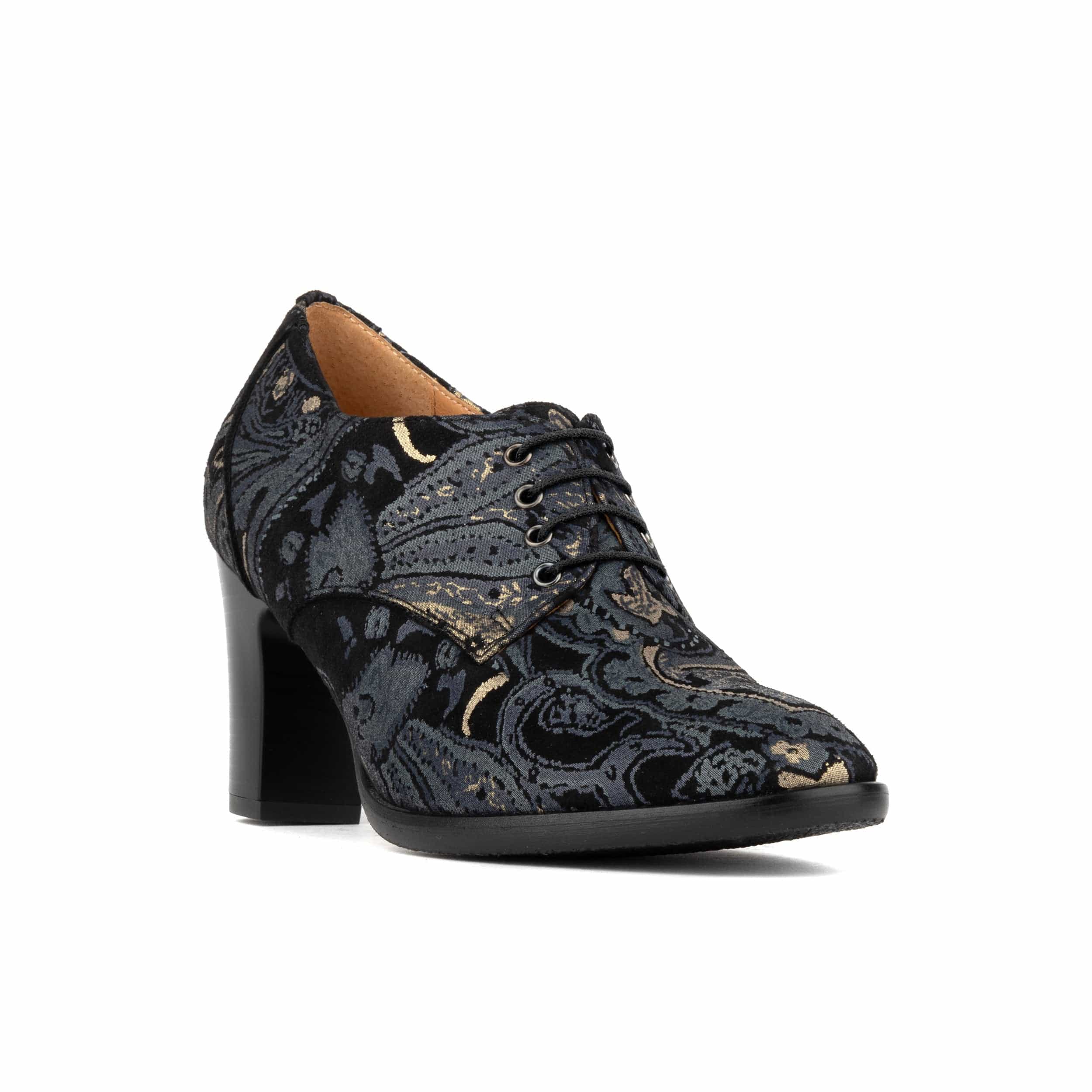 Roulette - Black & Grey & Gold - Women's leather heeled oxford lace-up