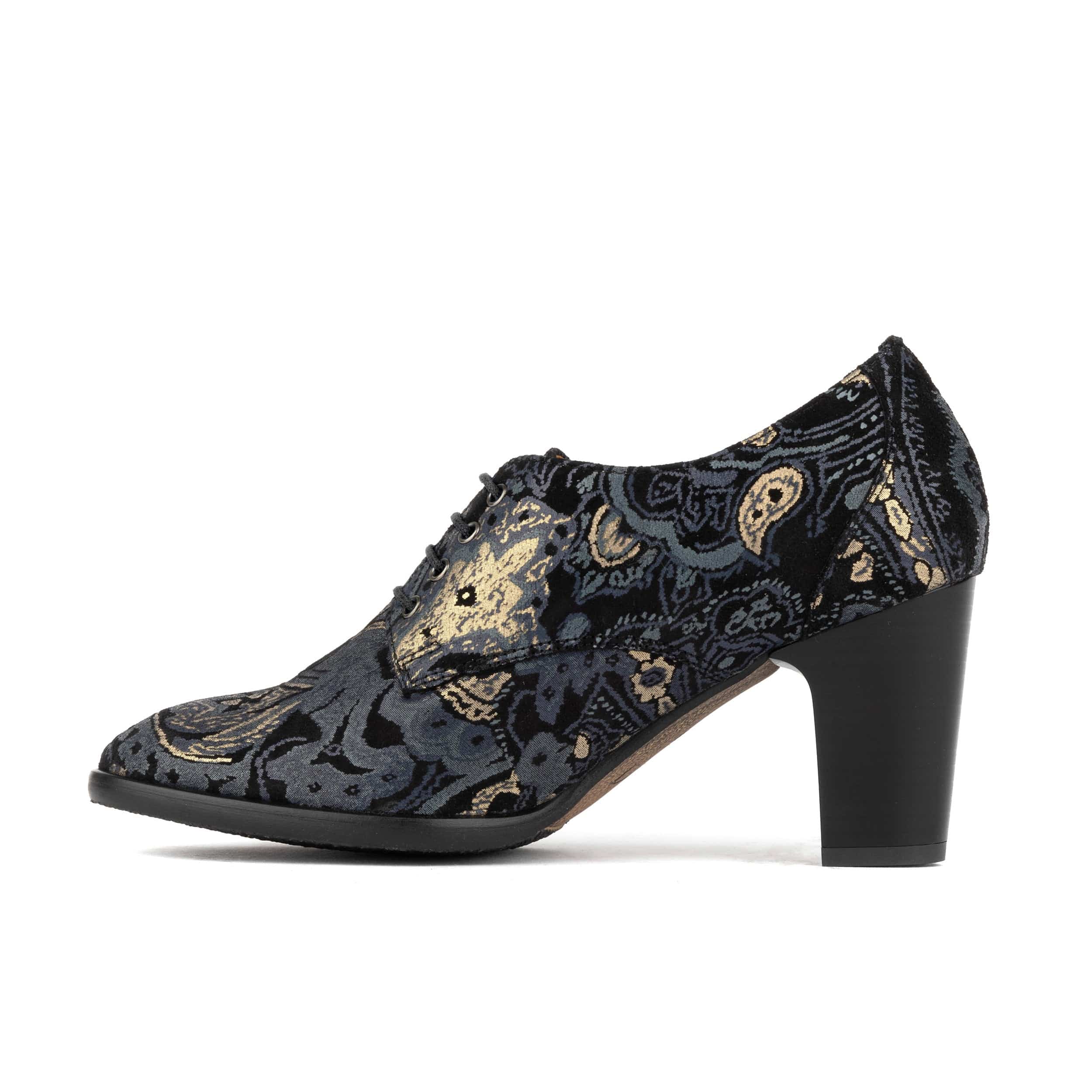 Roulette - Black & Grey & Gold - Women's leather heeled oxford lace-up