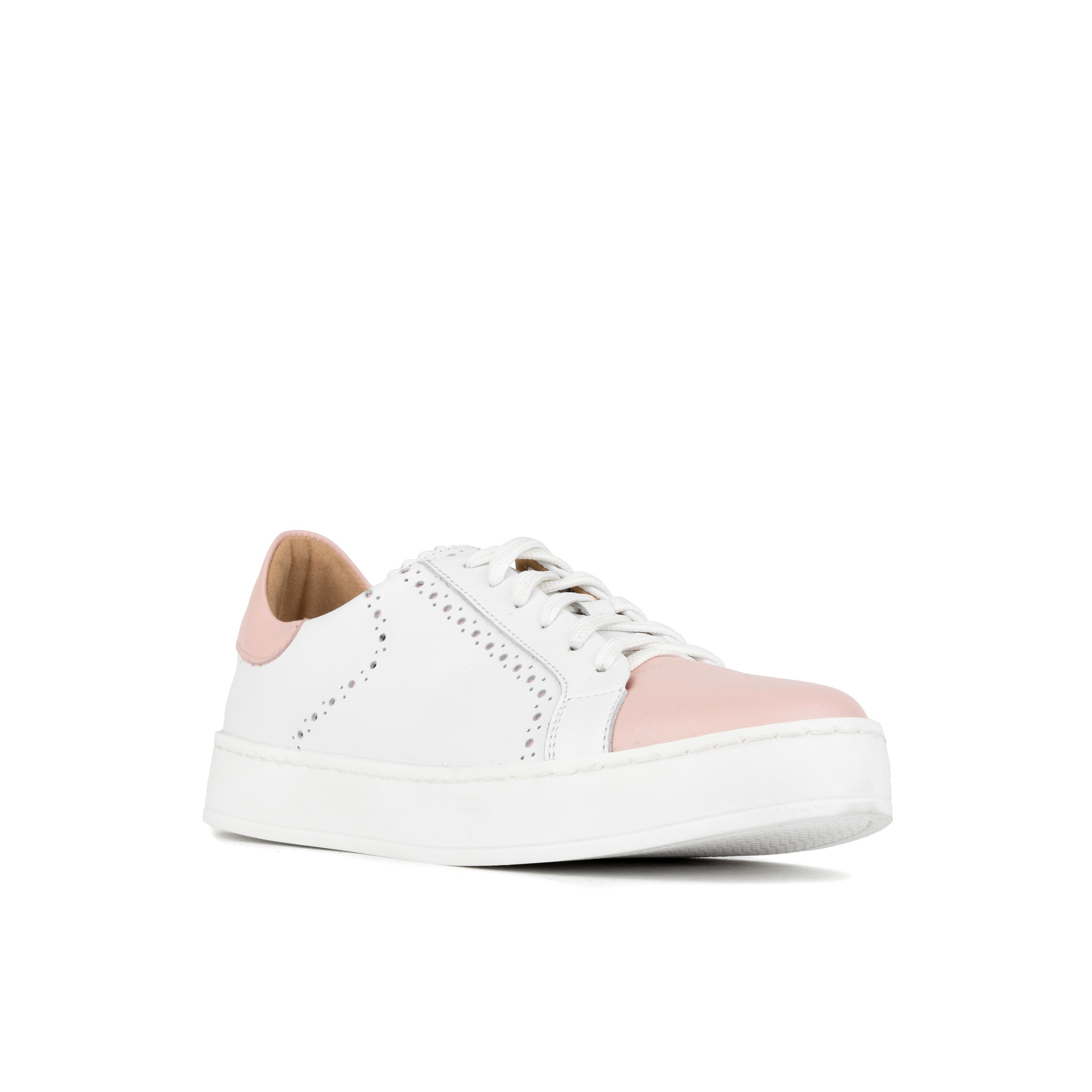 Serena - Pink & White - Women’s Leather Trainer with Brogue Details