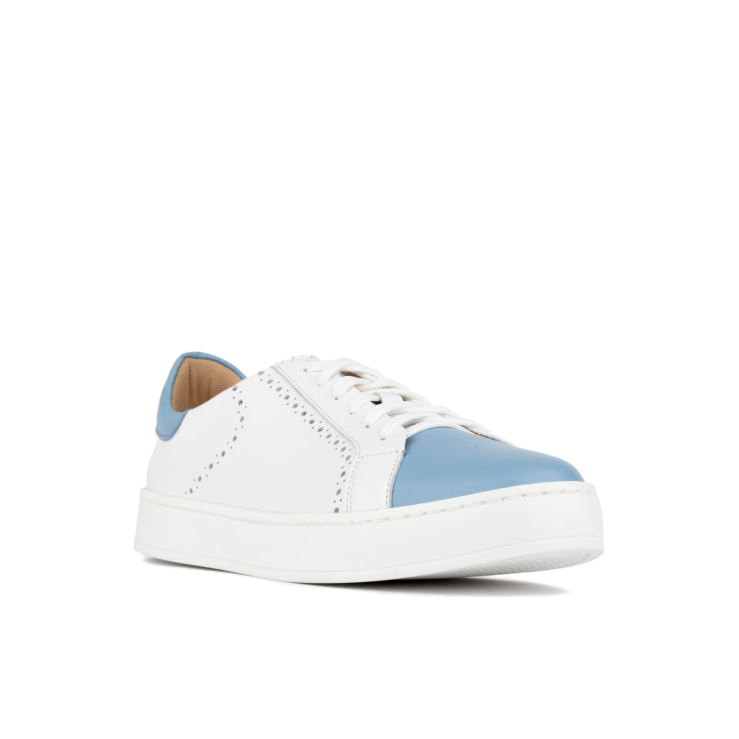 Serena - White & Blue - Women’s Leather Trainer with Brogue Details
