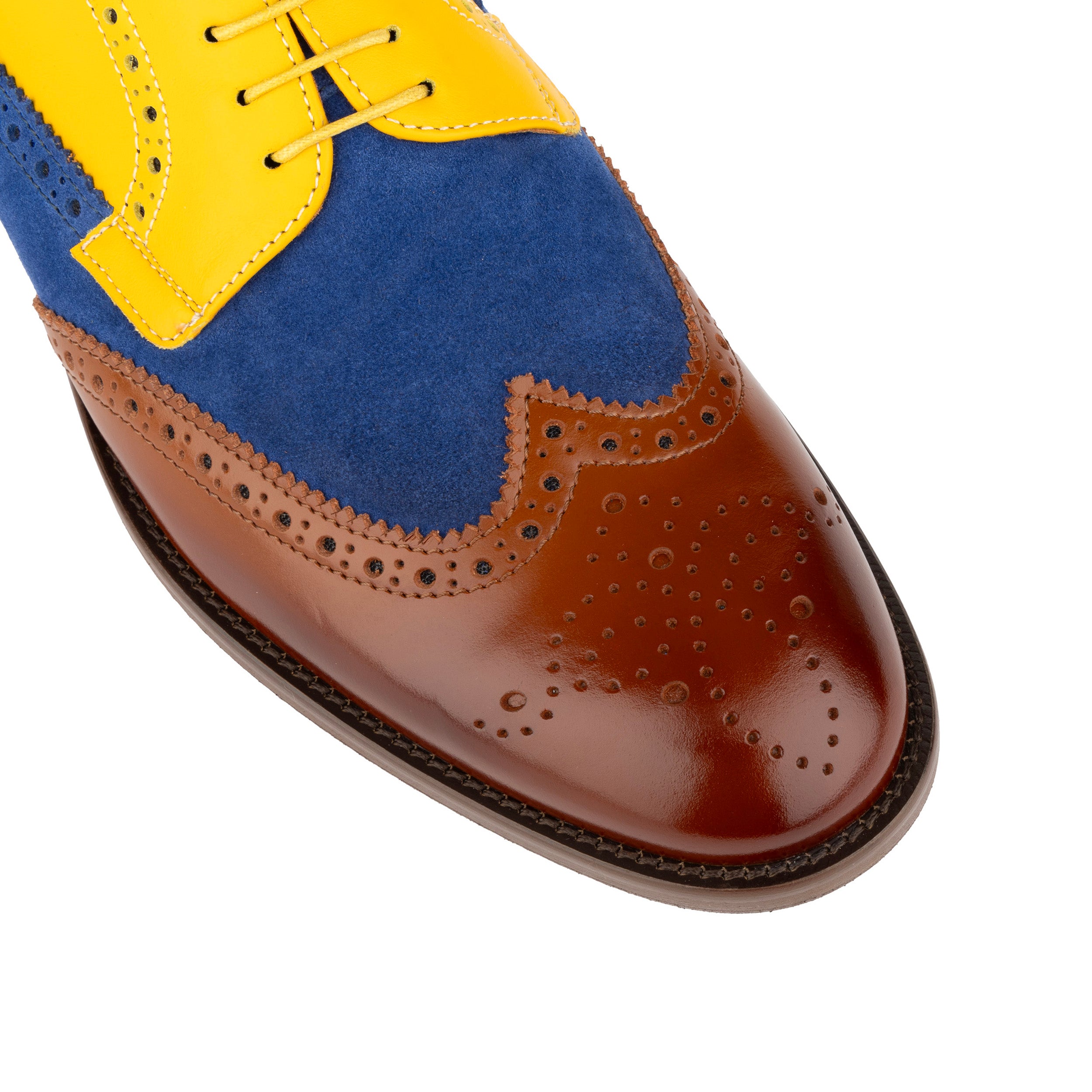 Midnight Royal - Blue & Yellow & Brown - Men’s Suede & Leather Oxford Brogue Shoe.