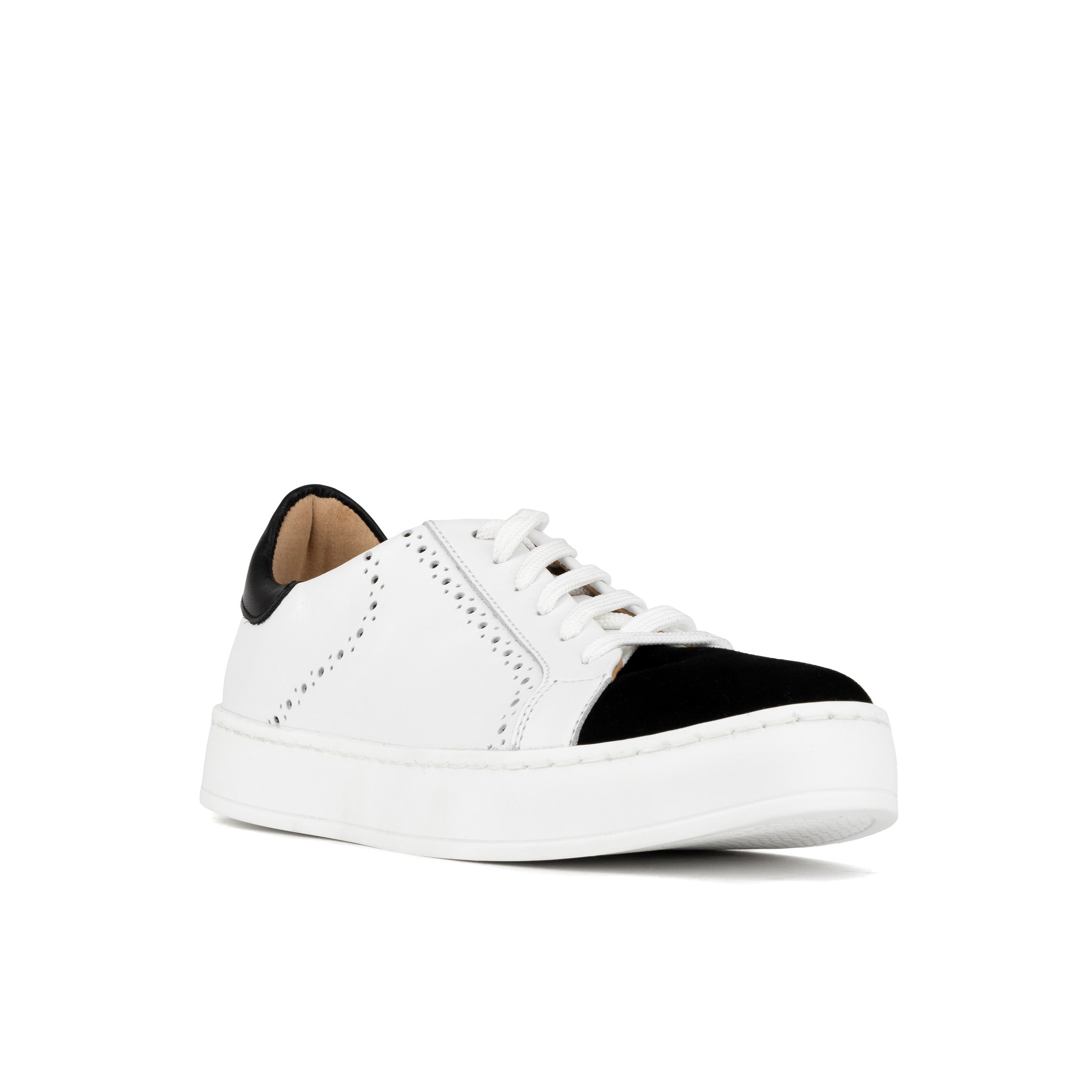 Serena - Black & White - Women’s Leather Trainer with Brogue Details