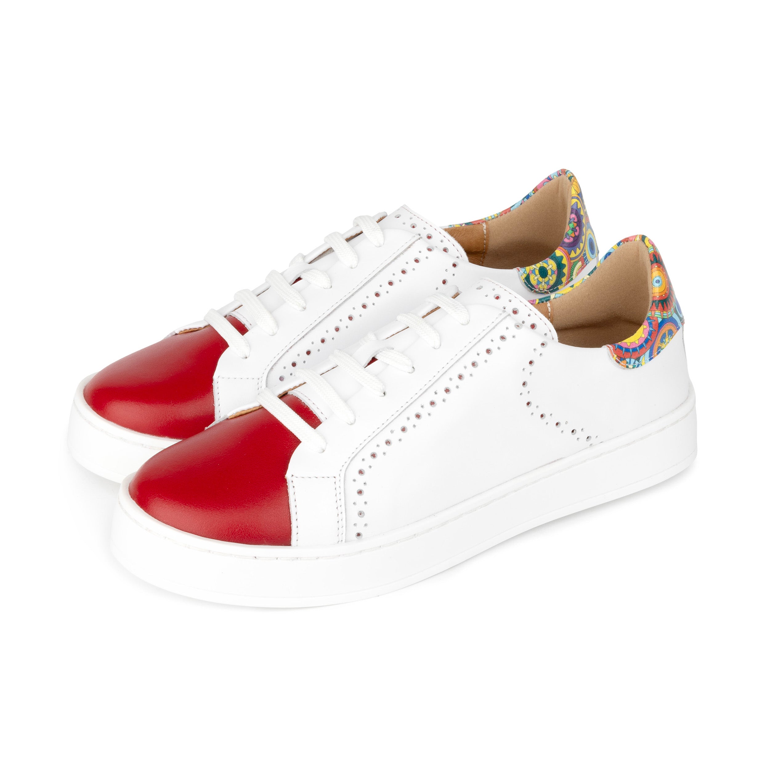 Serena - Red & Signature Print - Women’s Leather Trainer with Brogue Details