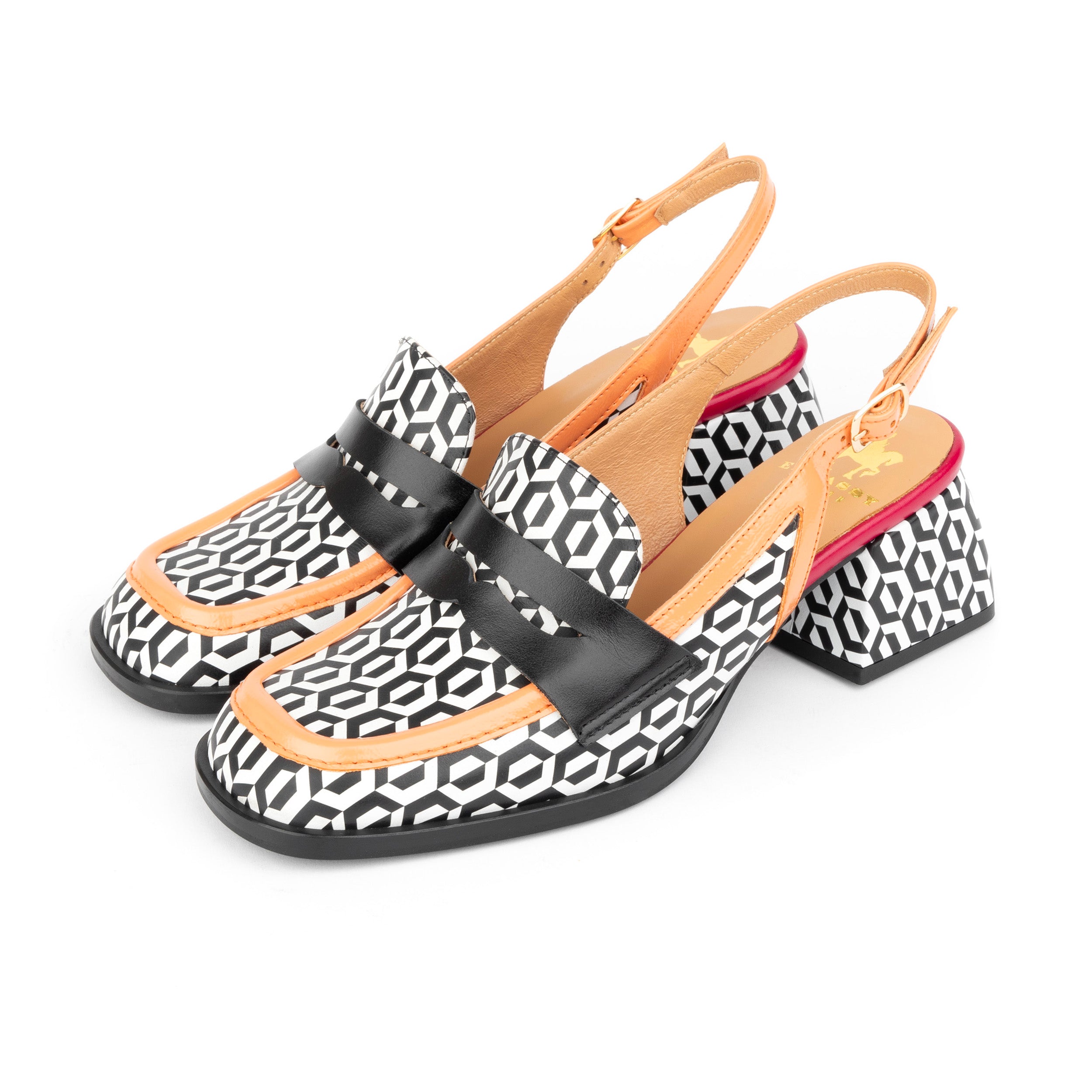 Diana - Peach & Hexa Print - Women's block heel slingback leather pump