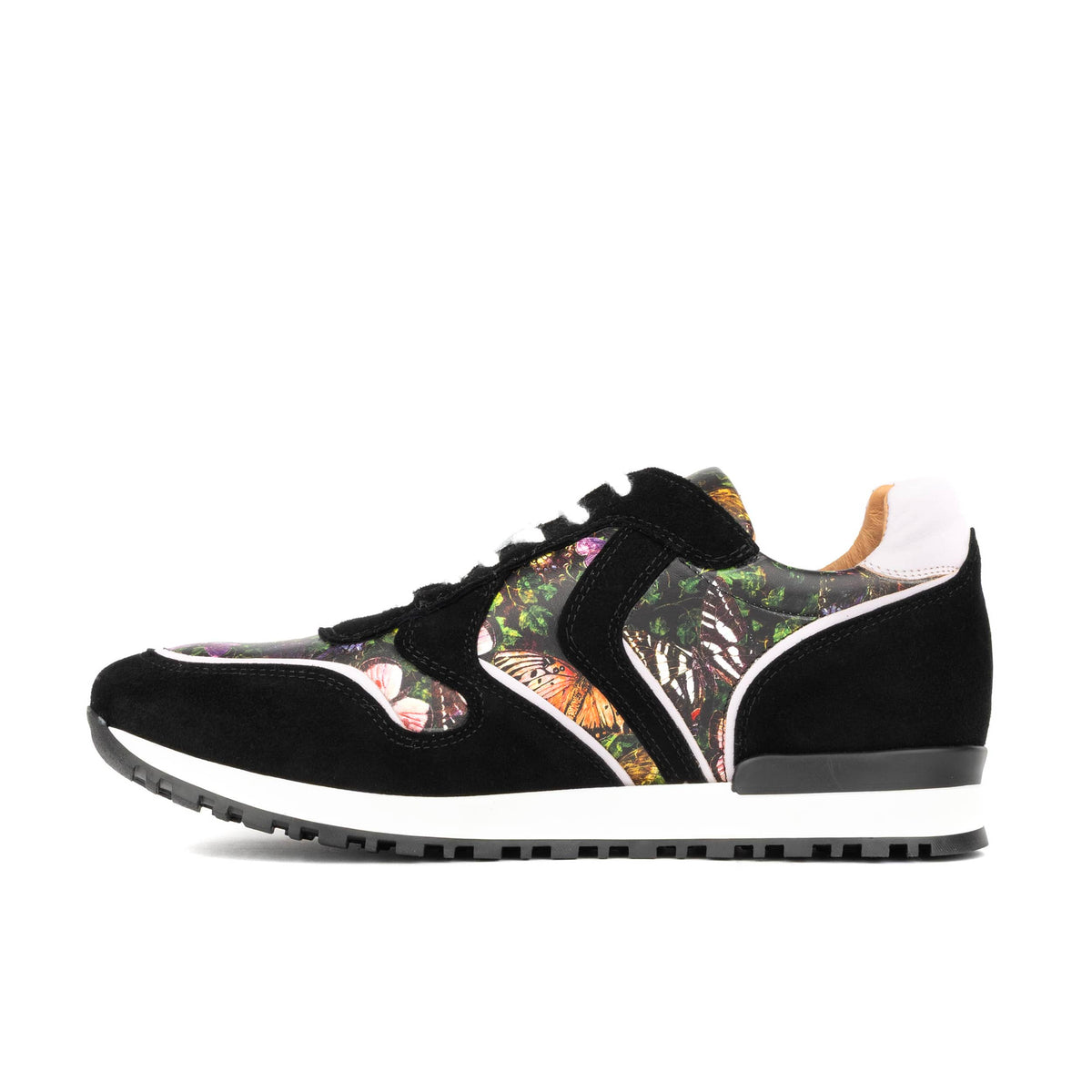 Savana - Black & Butterfly Print Women's athletic trainer with butterfly print leather and black suede