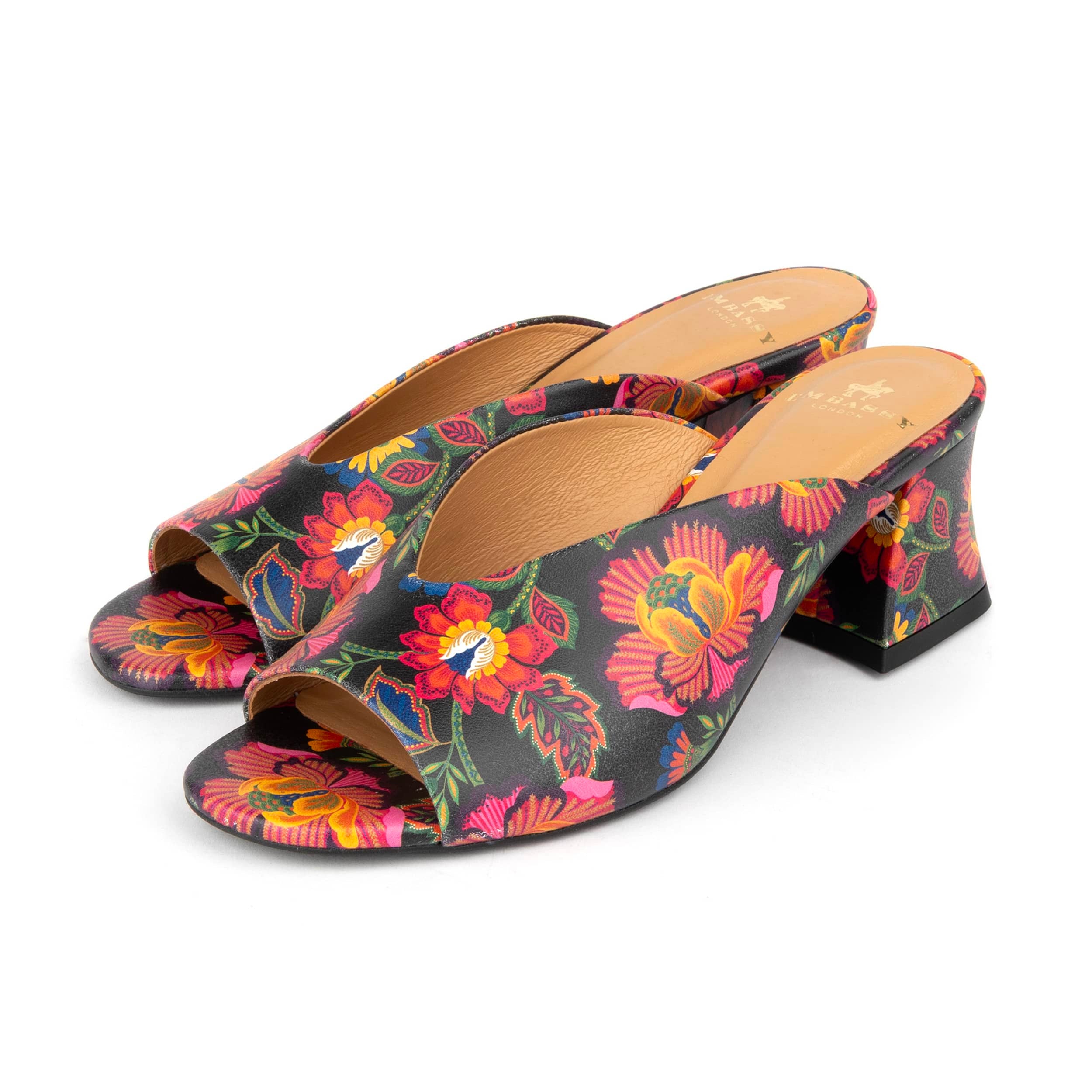 Horizon - Red Flowers - Women's Sculpted Leather Open-Toe Heel Mules