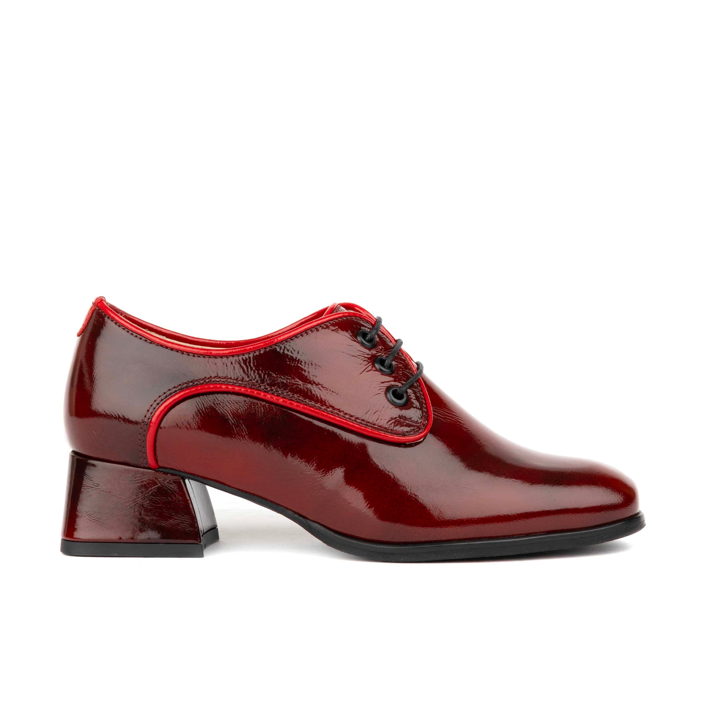 Belladonna - Burgundy - Women's Patent Leather Heeled Oxfords with Contrast Piping