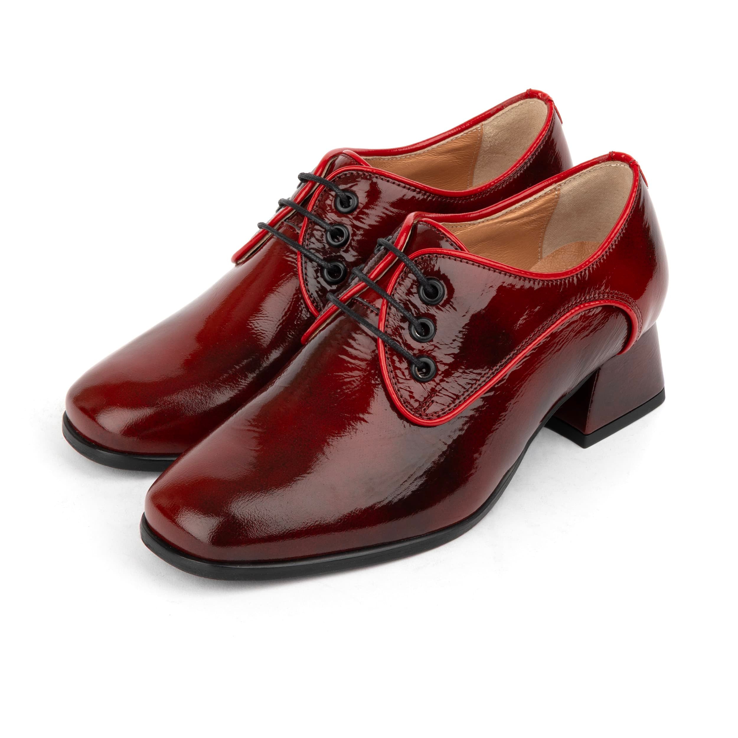 Belladonna - Burgundy - Women's Patent Leather Heeled Oxfords with Contrast Piping