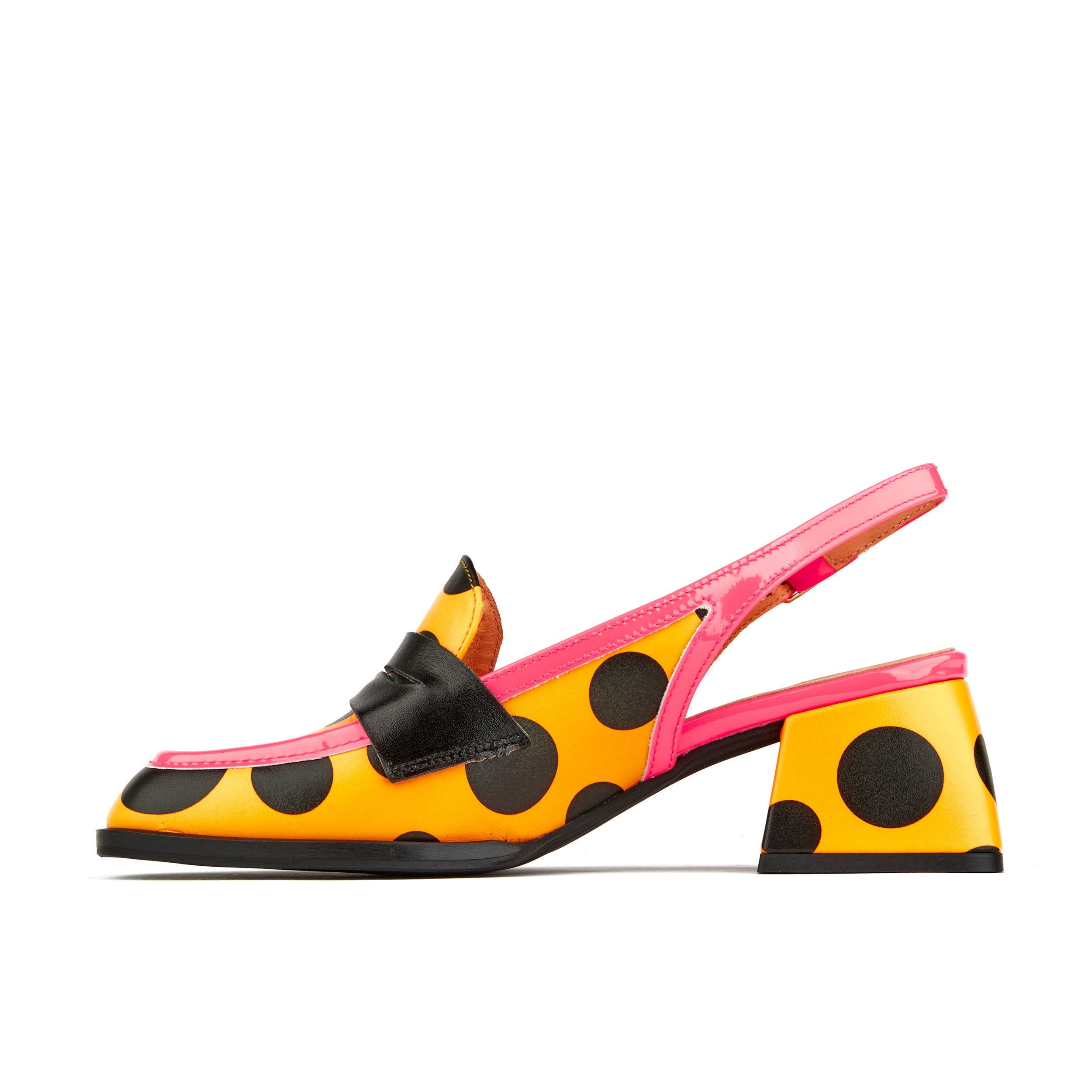 Diana - Black Orange Polka - Women's square closed toe slingback heel in orange polka